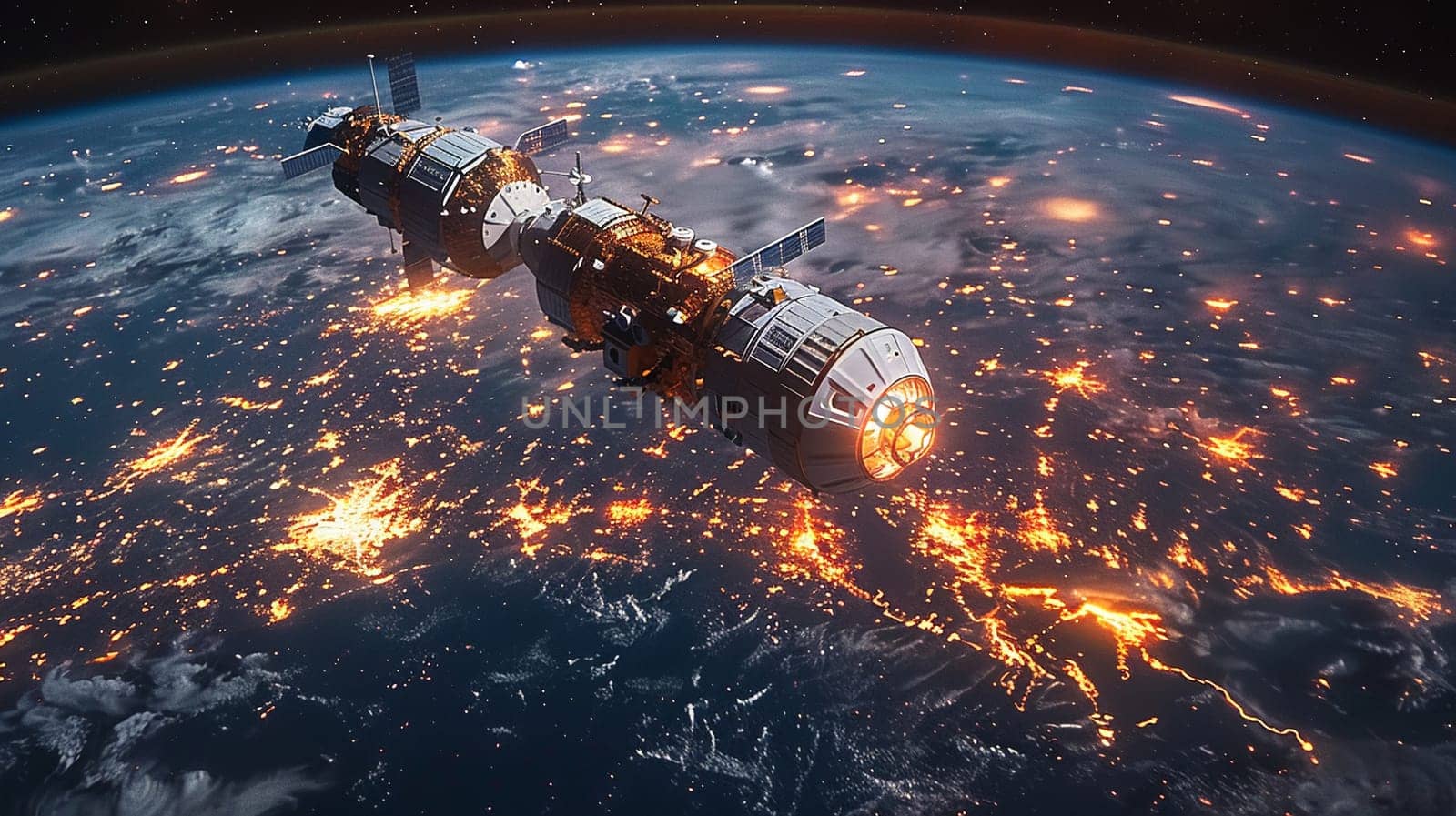 3D-rendered image of space station observing Earth Hour with lights turned off against cosmos.