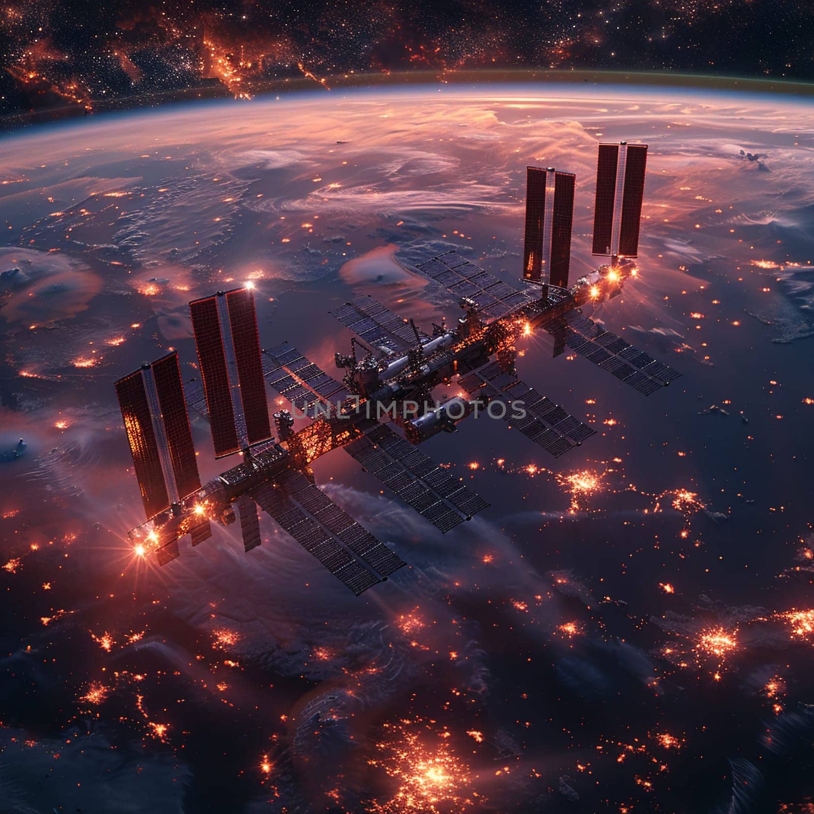 3D-rendered image of space station observing Earth Hour with lights turned off against cosmos. by Benzoix