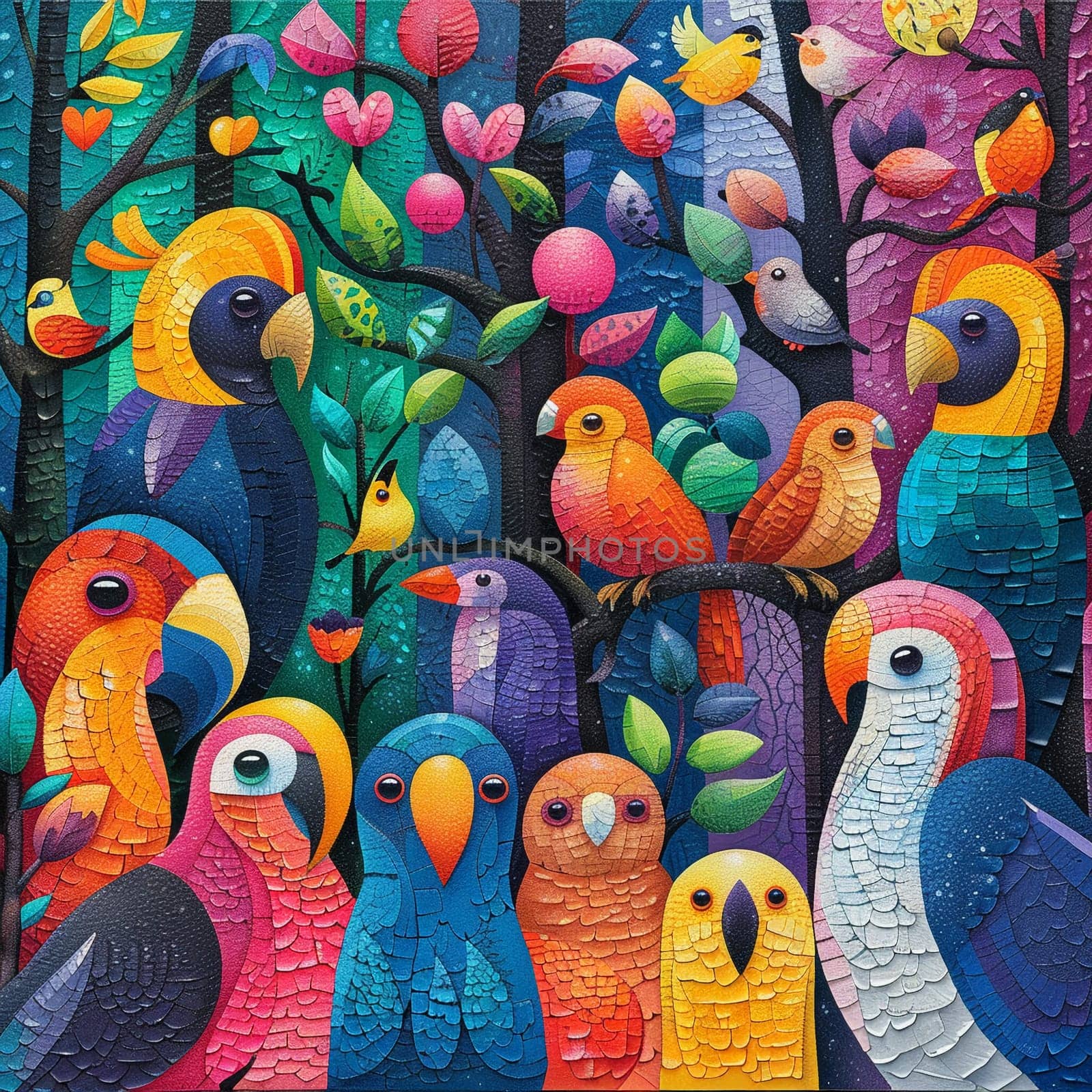 Abstract illustration of animals coming together in colorful forest by Benzoix