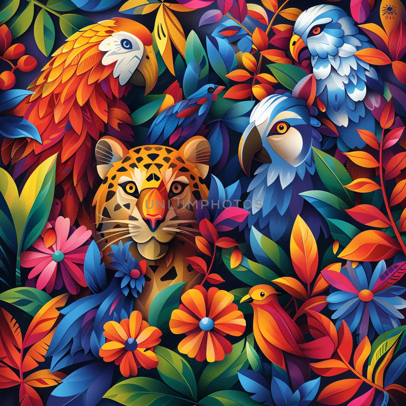 Abstract illustration of animals coming together in colorful forest by Benzoix