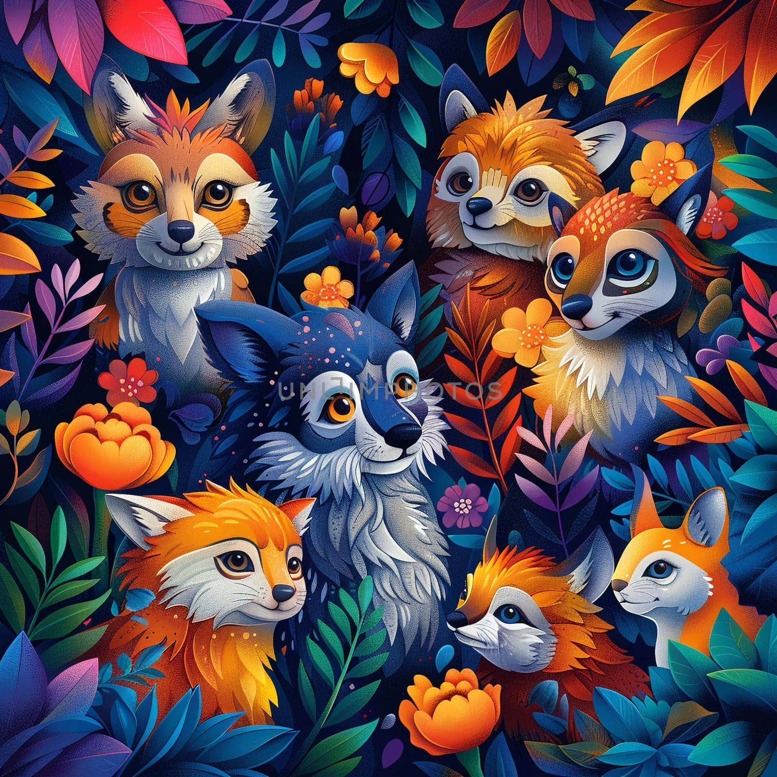 Abstract illustration of animals coming together in colorful forest by Benzoix