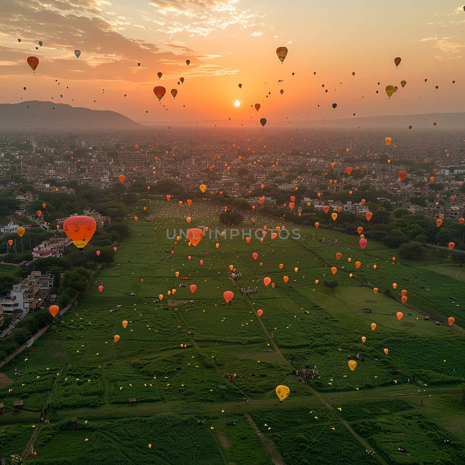 Aerial view of lush green field with kites flying above for Pakistani Spring Festival.