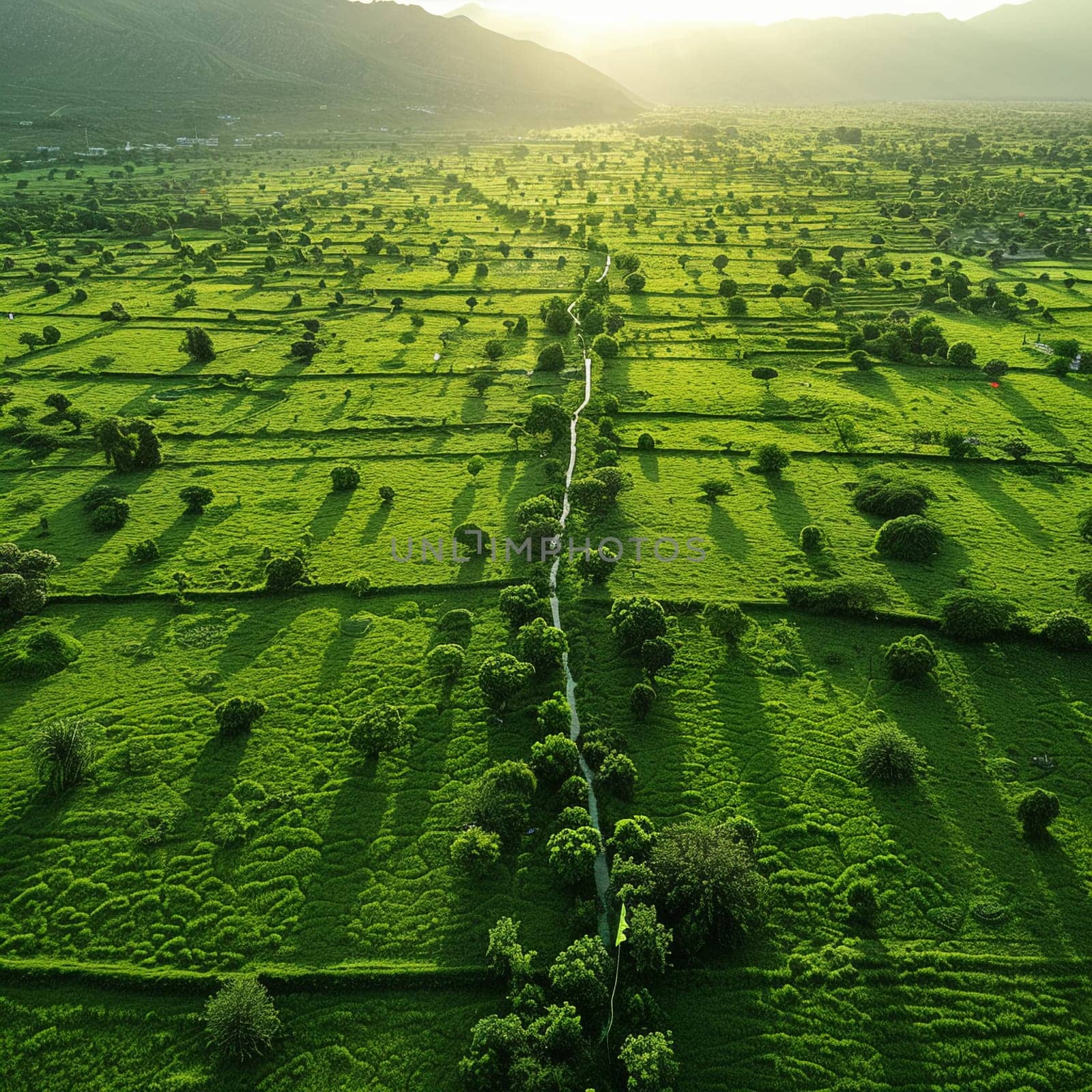 Aerial view of lush green field with kites flying above for Pakistani Spring Festival.