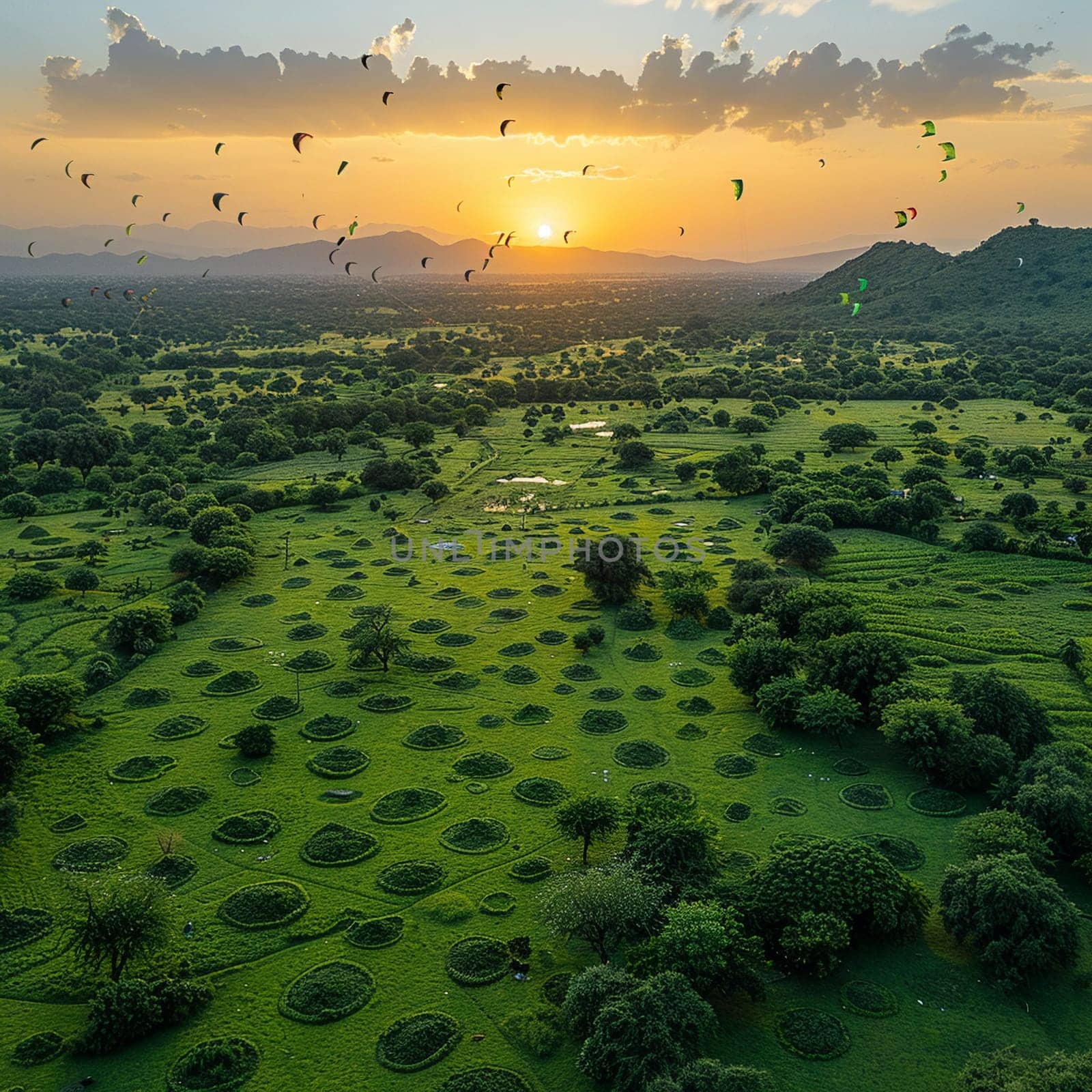 Aerial view of lush green field with kites flying above for Pakistani Spring Festival.