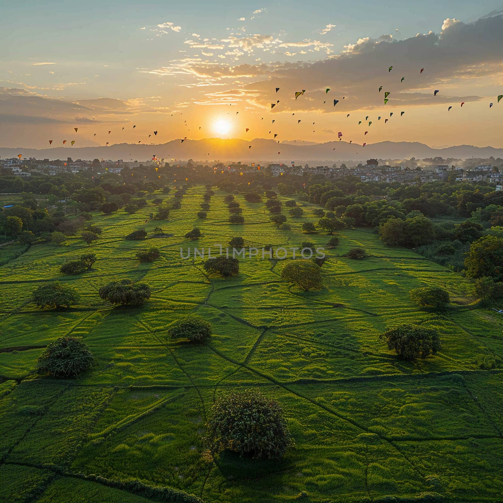 Aerial view of lush green field with kites flying above for Pakistani Spring Festival. by Benzoix