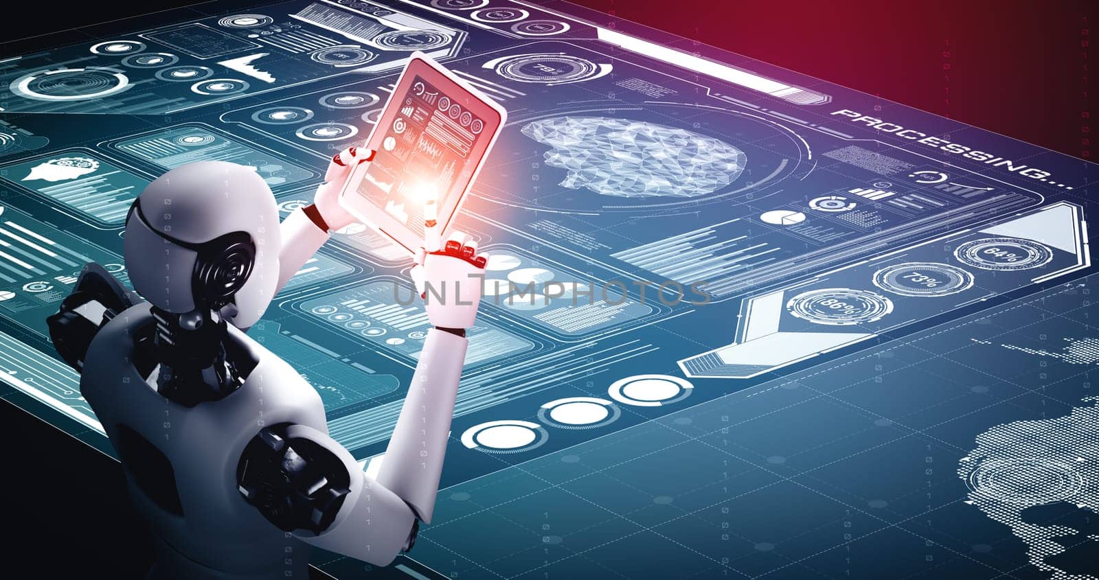 XAI 3d illustration Robot humanoid using tablet computer for big data analytic using AI thinking brain , artificial intelligence and machine learning process for the 4th fourth industrial revolution. 3D rendering.