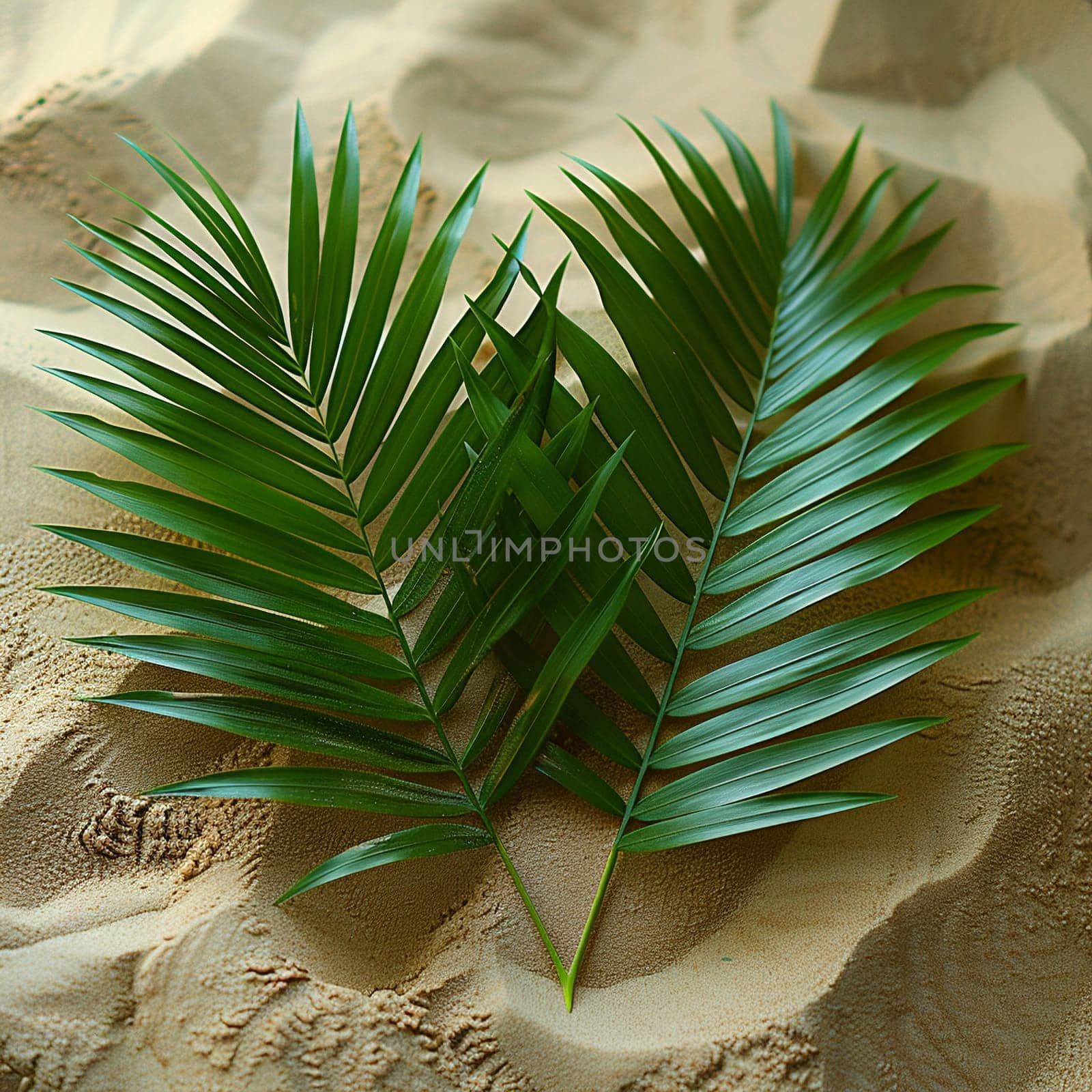 Artful arrangement of palm fronds on sandy beach, representing Palm Sunday.