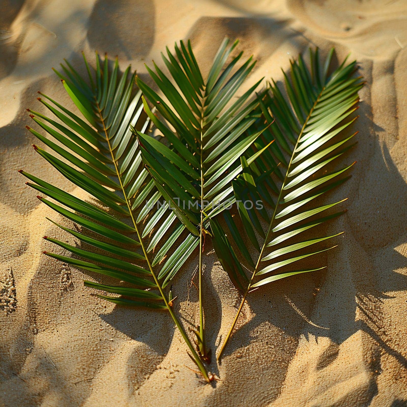 Artful arrangement of palm fronds on sandy beach by Benzoix