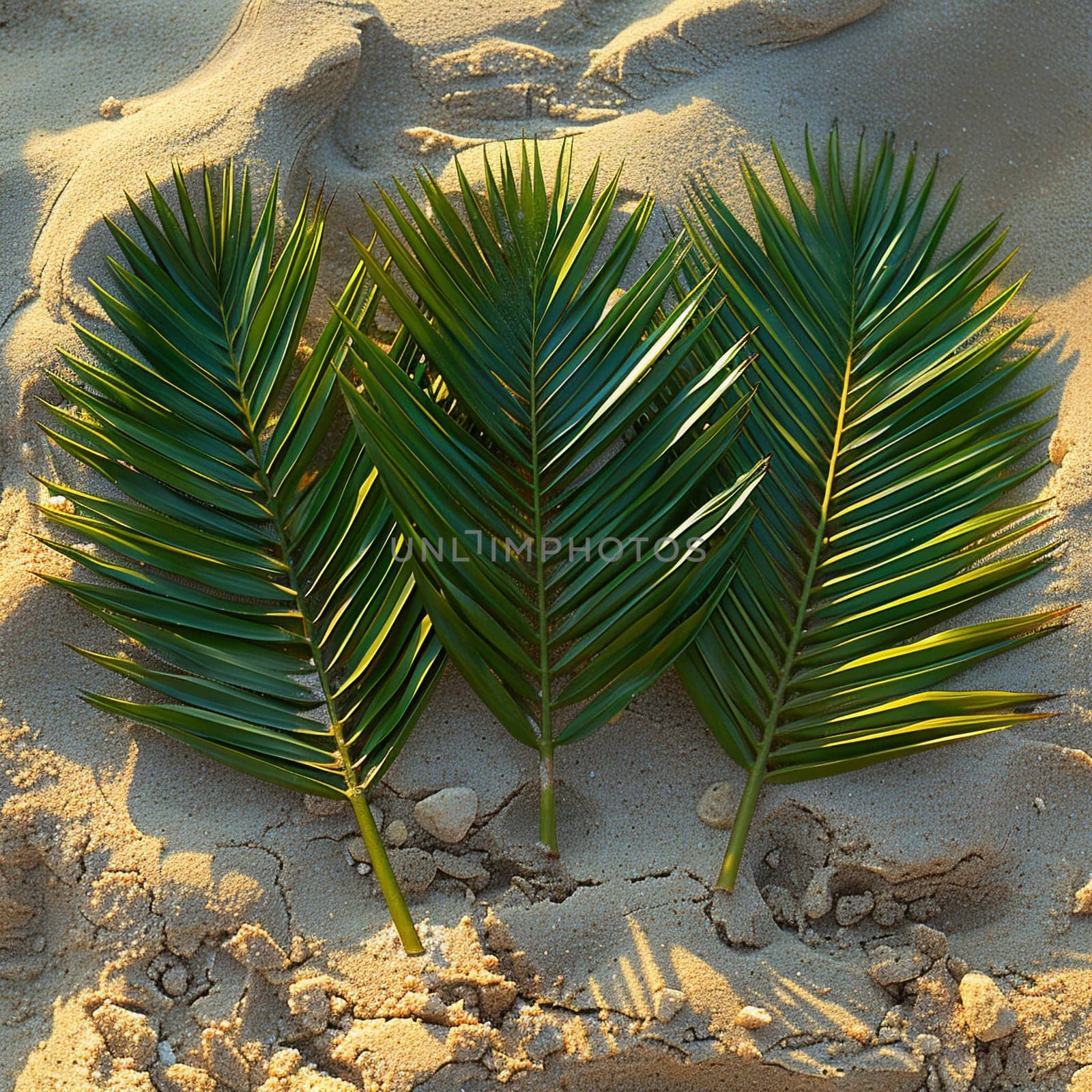 Artful arrangement of palm fronds on sandy beach by Benzoix