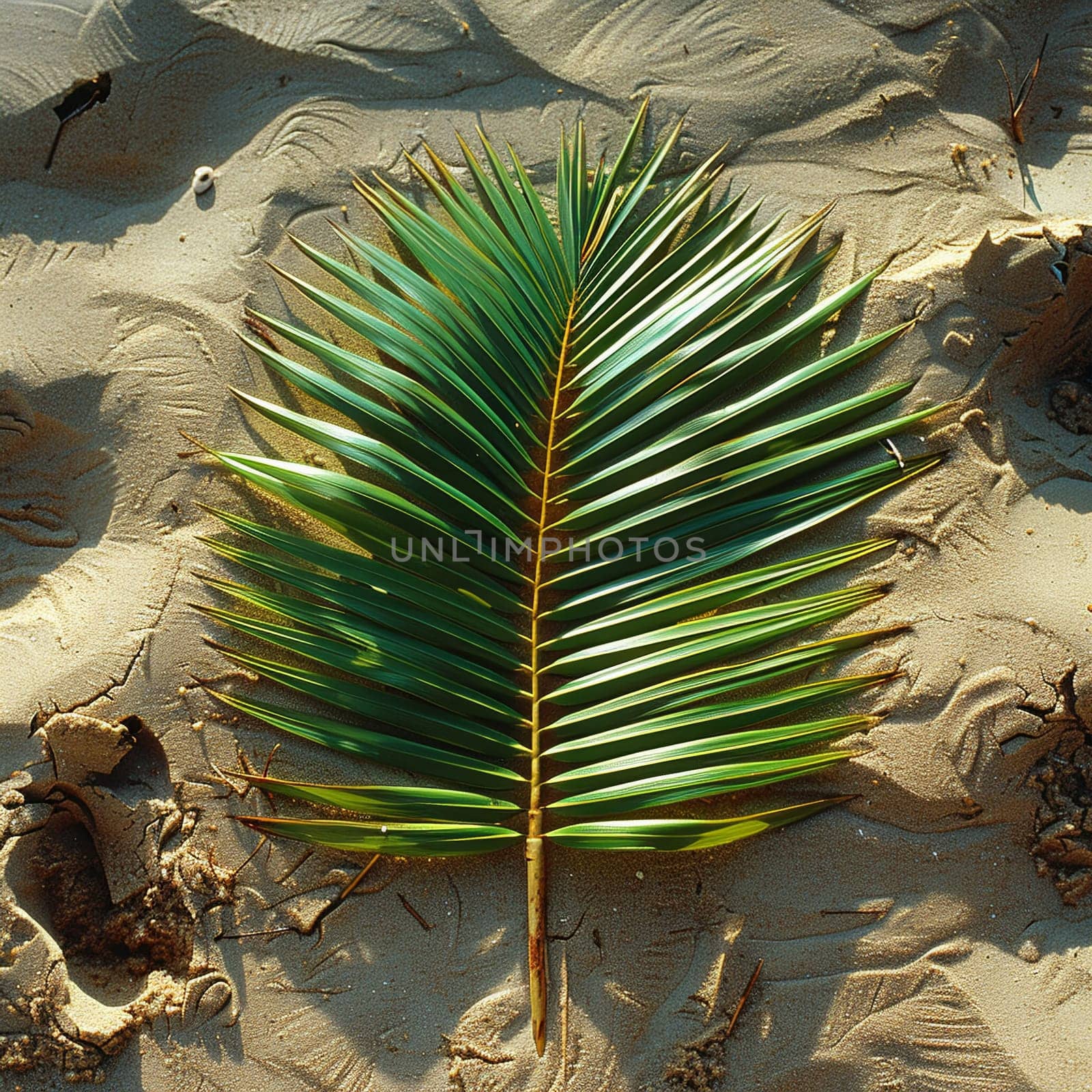 Artful arrangement of palm fronds on sandy beach by Benzoix