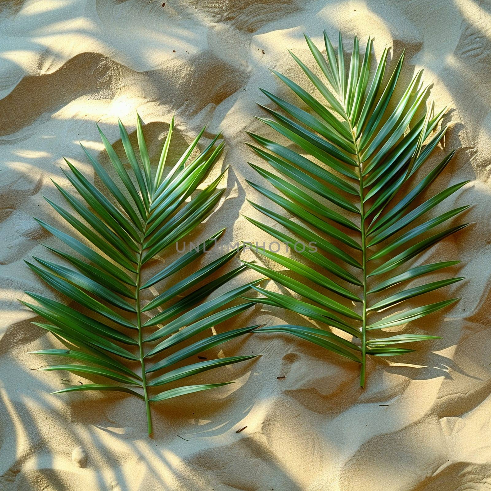Artful arrangement of palm fronds on sandy beach, representing Palm Sunday.