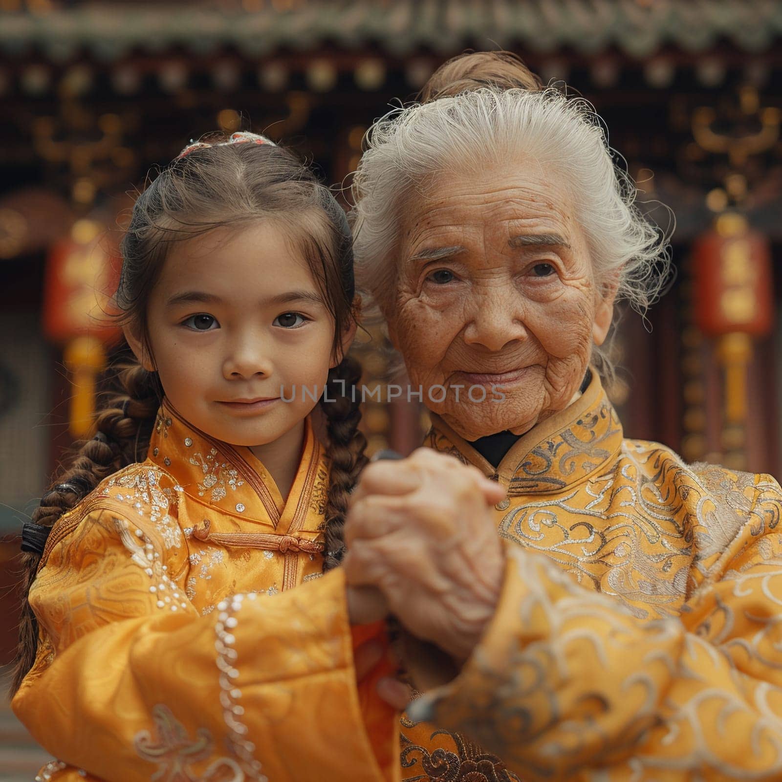 Cinematic still of young girl learning martial arts from her grandmother on Womens Day. by Benzoix