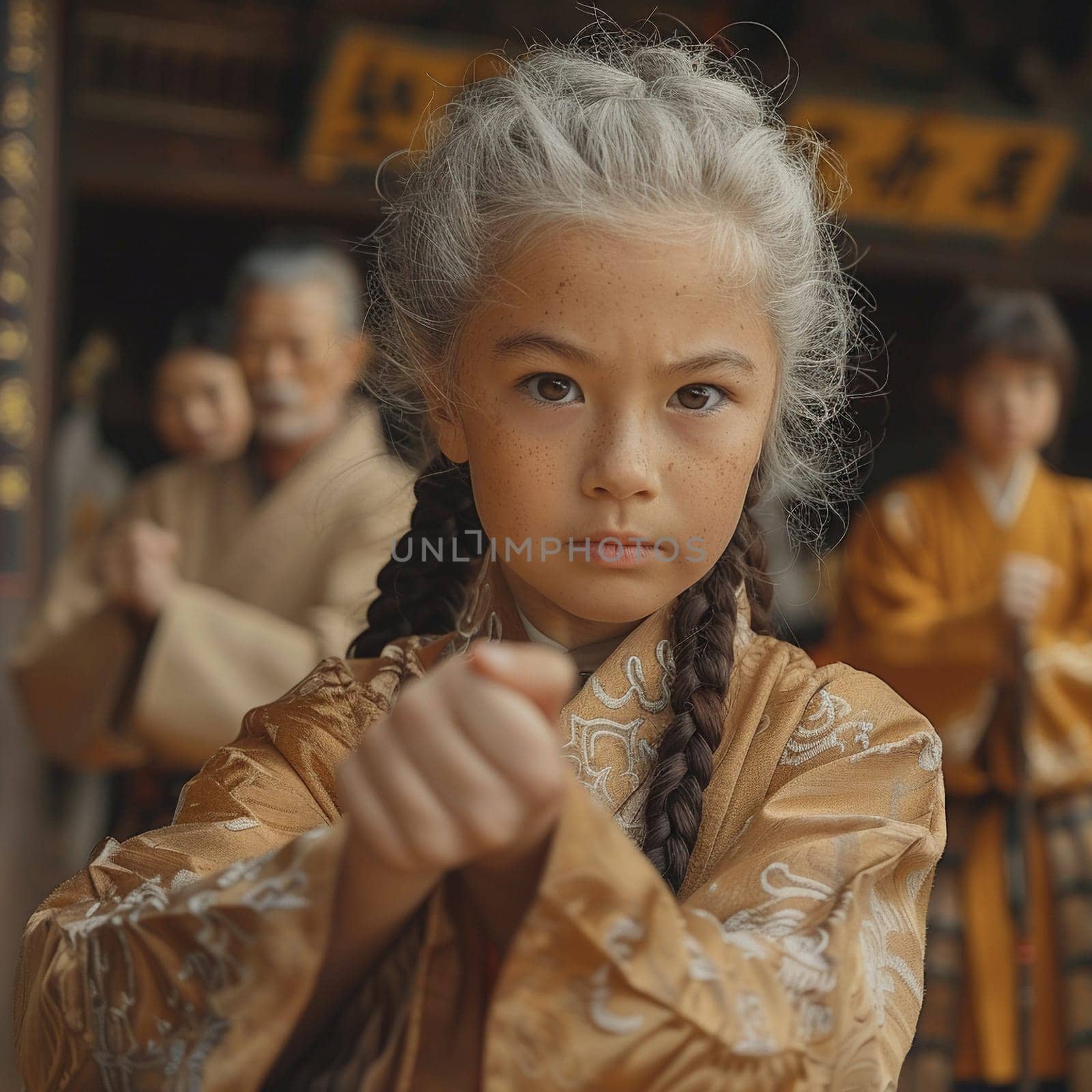Cinematic still of young girl learning martial arts from her grandmother on Women's Day.