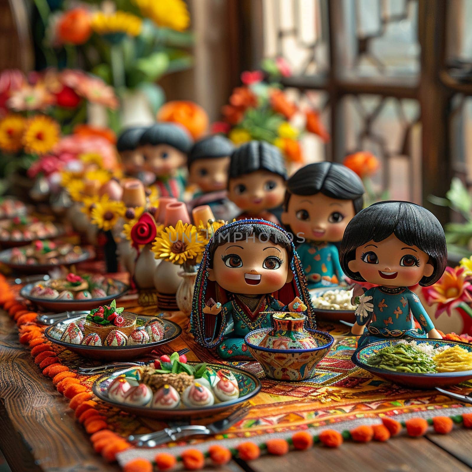 Claymation scene of colorful Nowruz table setting, with children laughing in background.