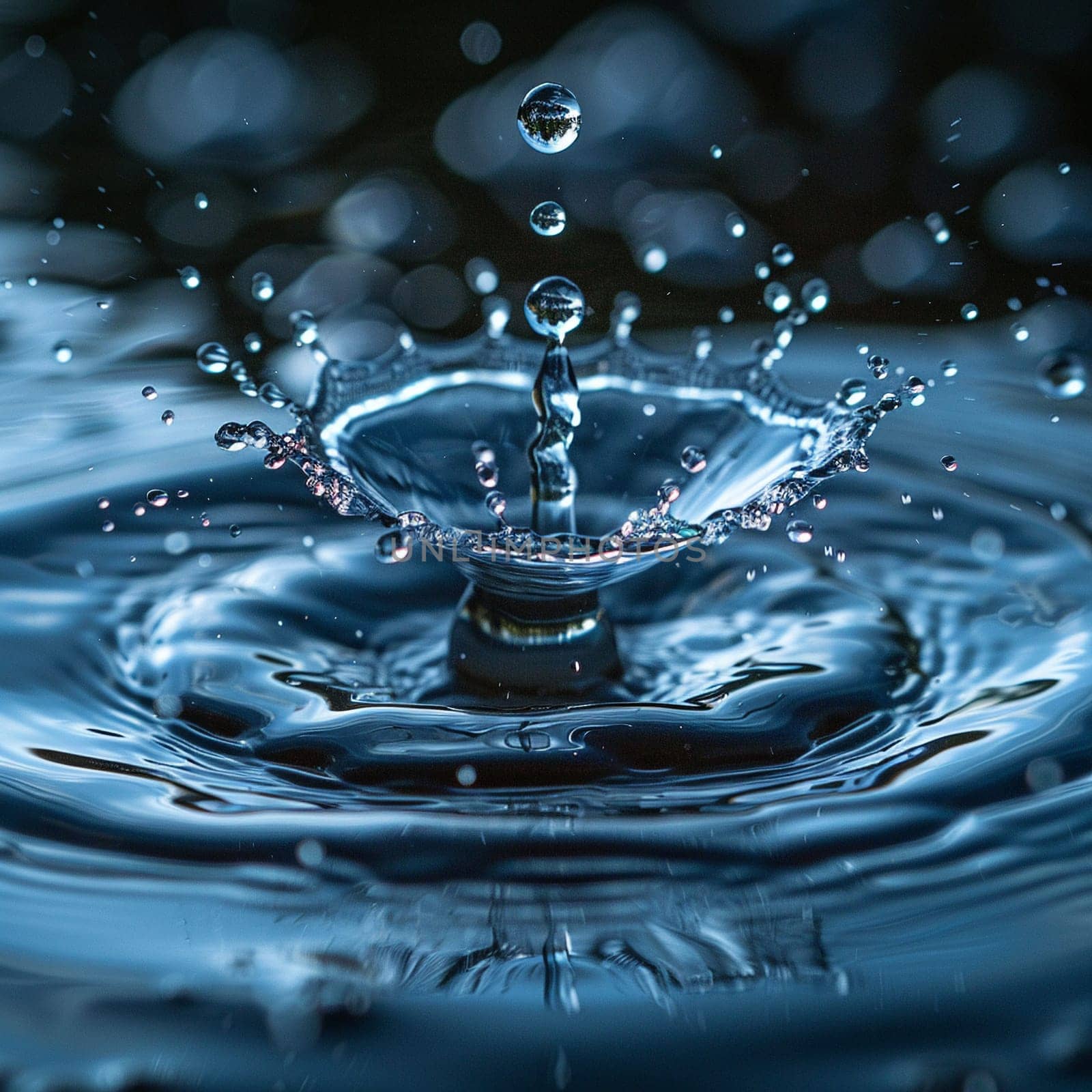 Close-up of droplet splashing into still body of water for World Water Day.