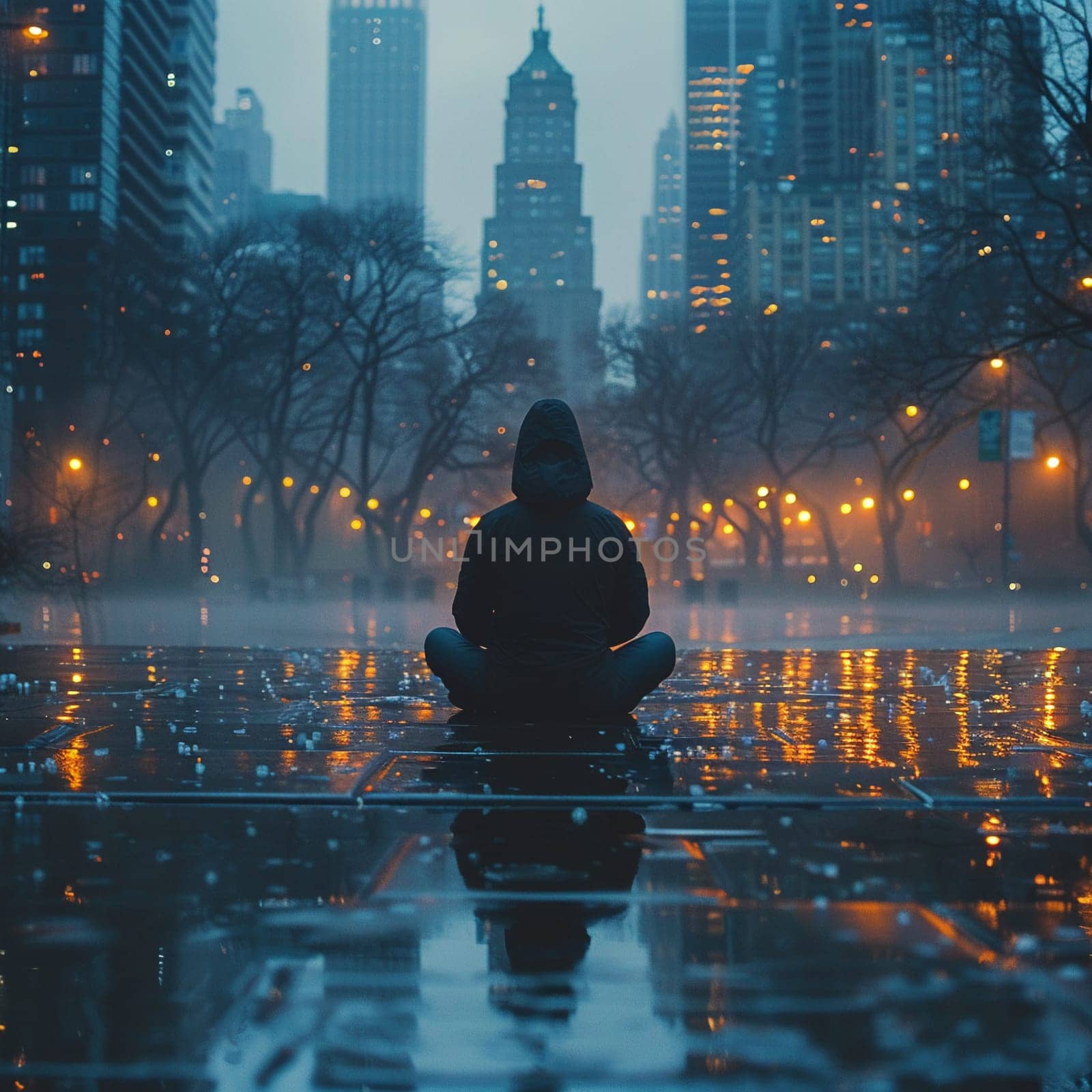 Conceptual photo of person meditating in urban setting to represent World Sleep Day. by Benzoix