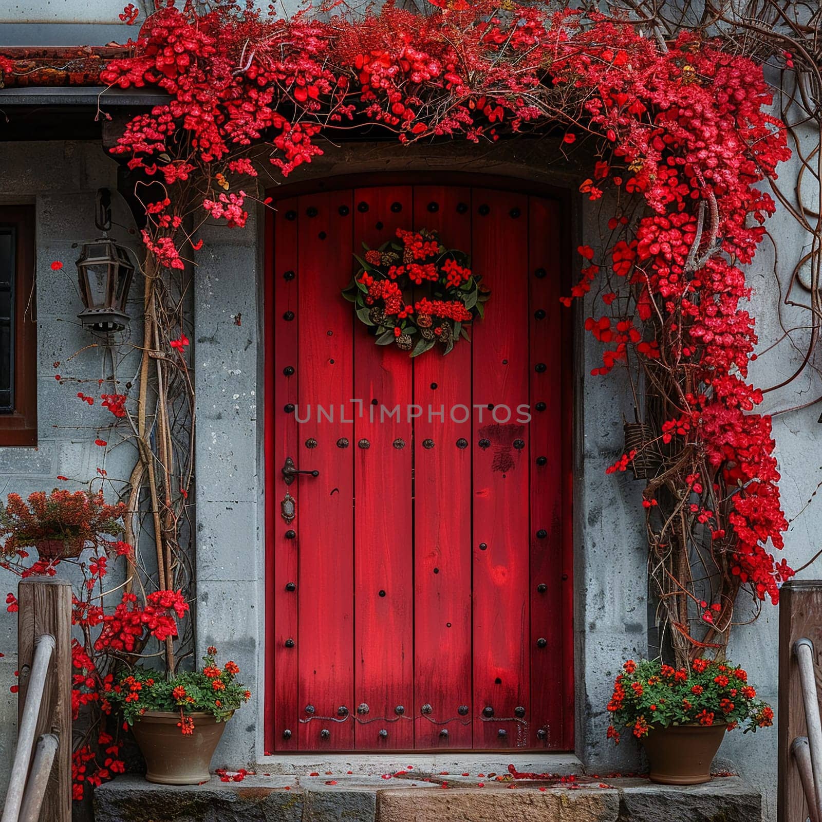 Door adorned with bright red Martisor, symbolizing first day of spring.