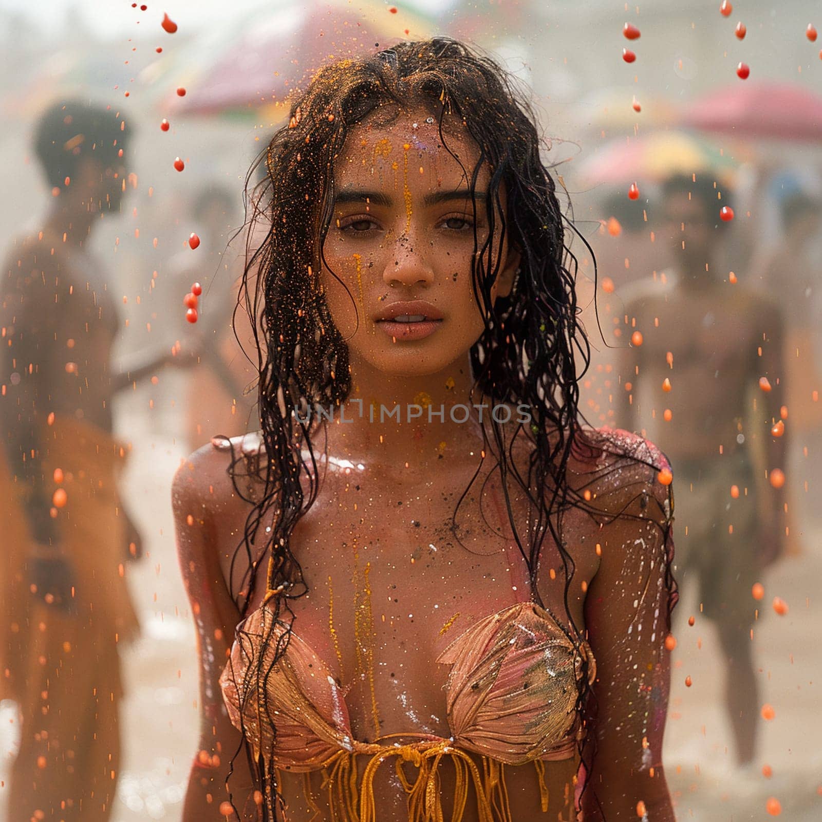 Editorial fashion photograph of avant-garde Holi festival attire with splashes of color.