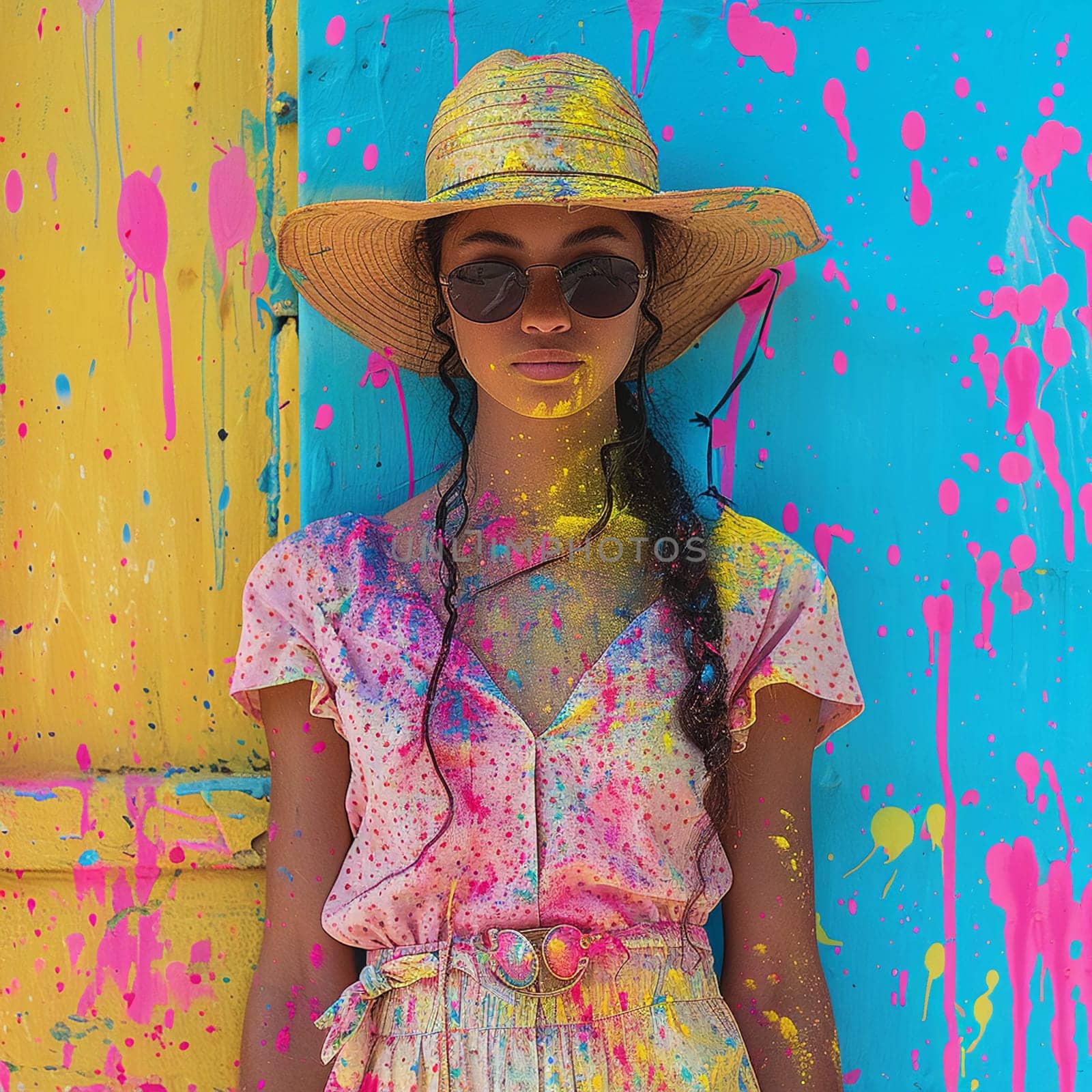 Editorial fashion photograph of avant-garde Holi festival attire with splashes of color.