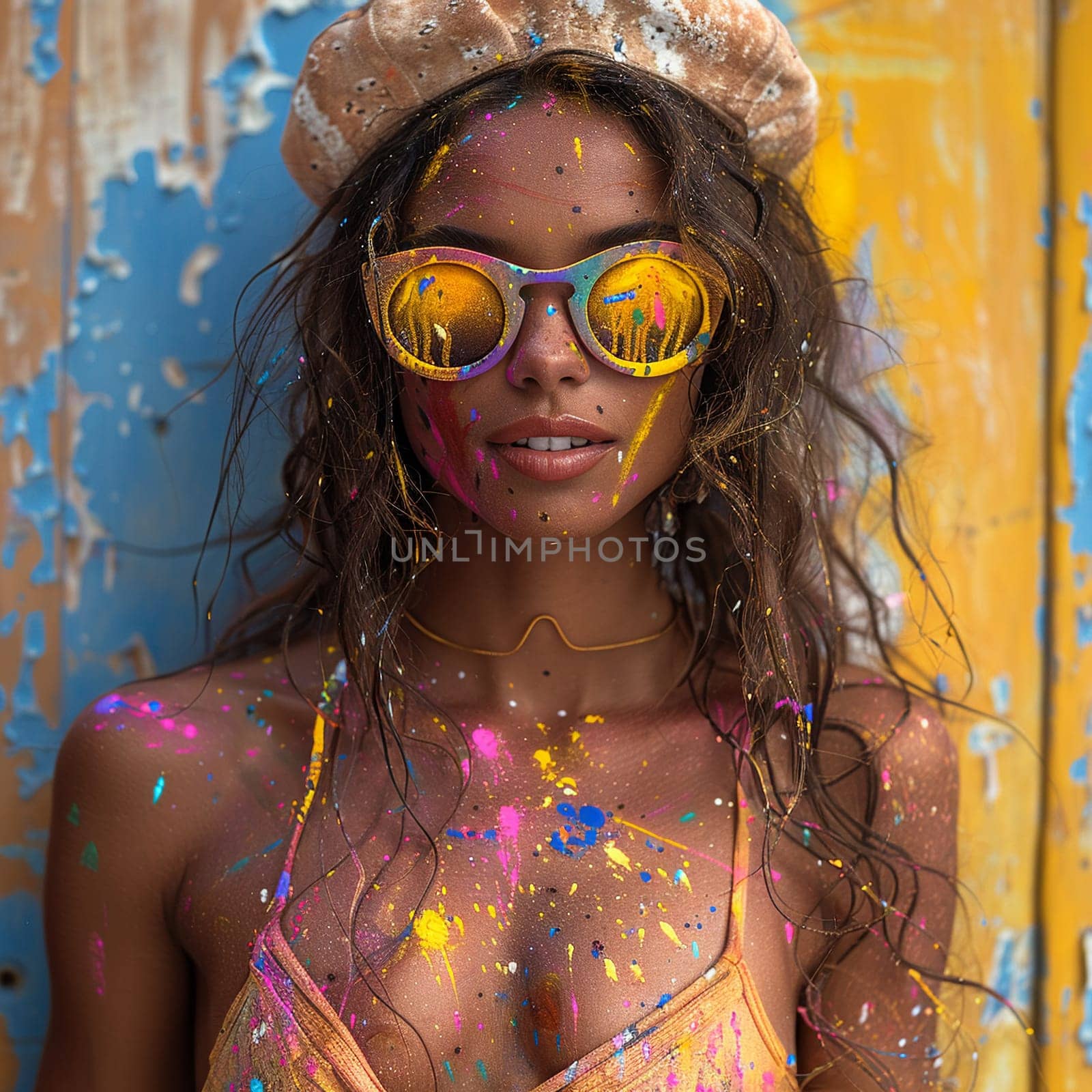 Editorial fashion photograph of avant-garde Holi festival attire with splashes of color.