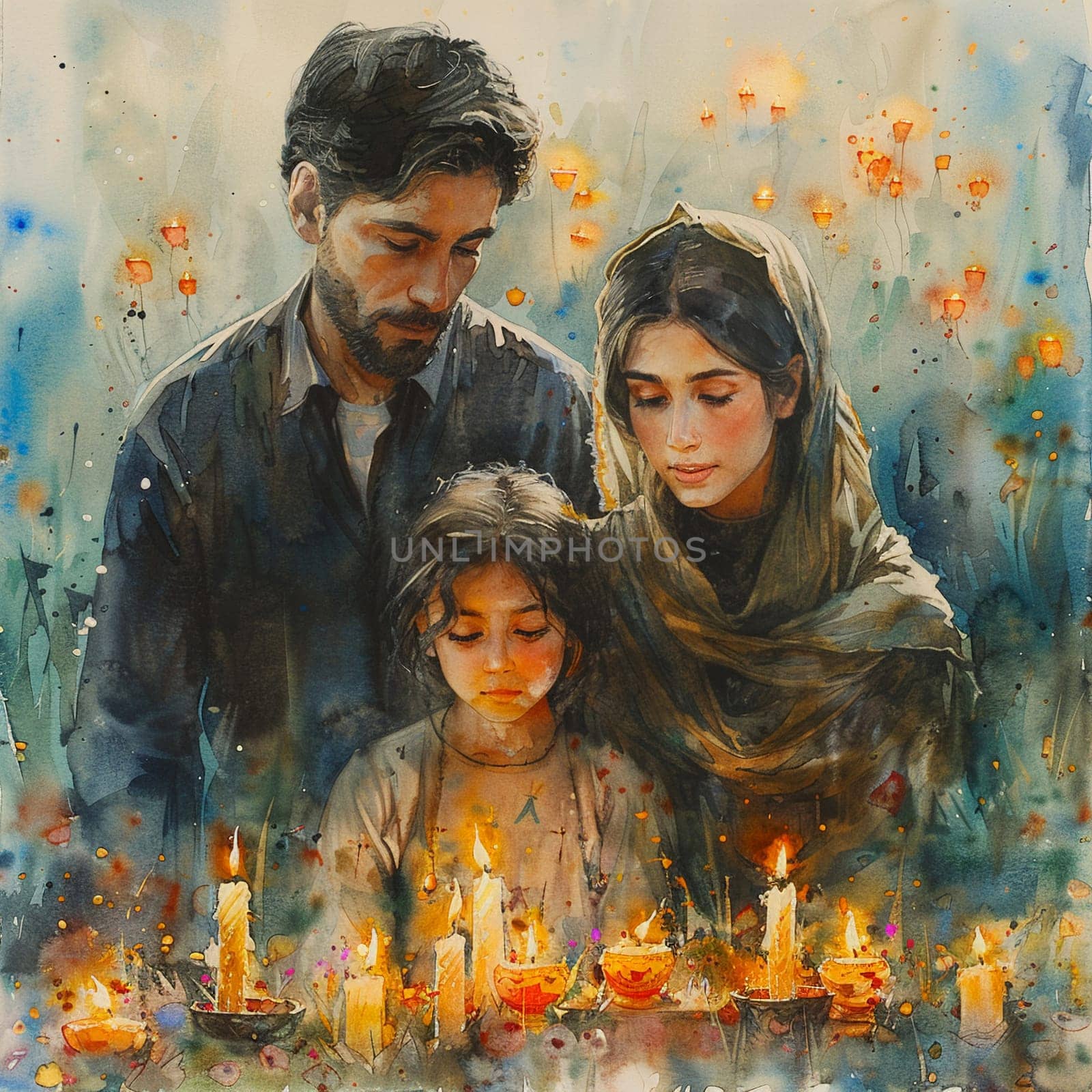 Elegant watercolor of families lighting candles in traditional Nowruz celebration. by Benzoix