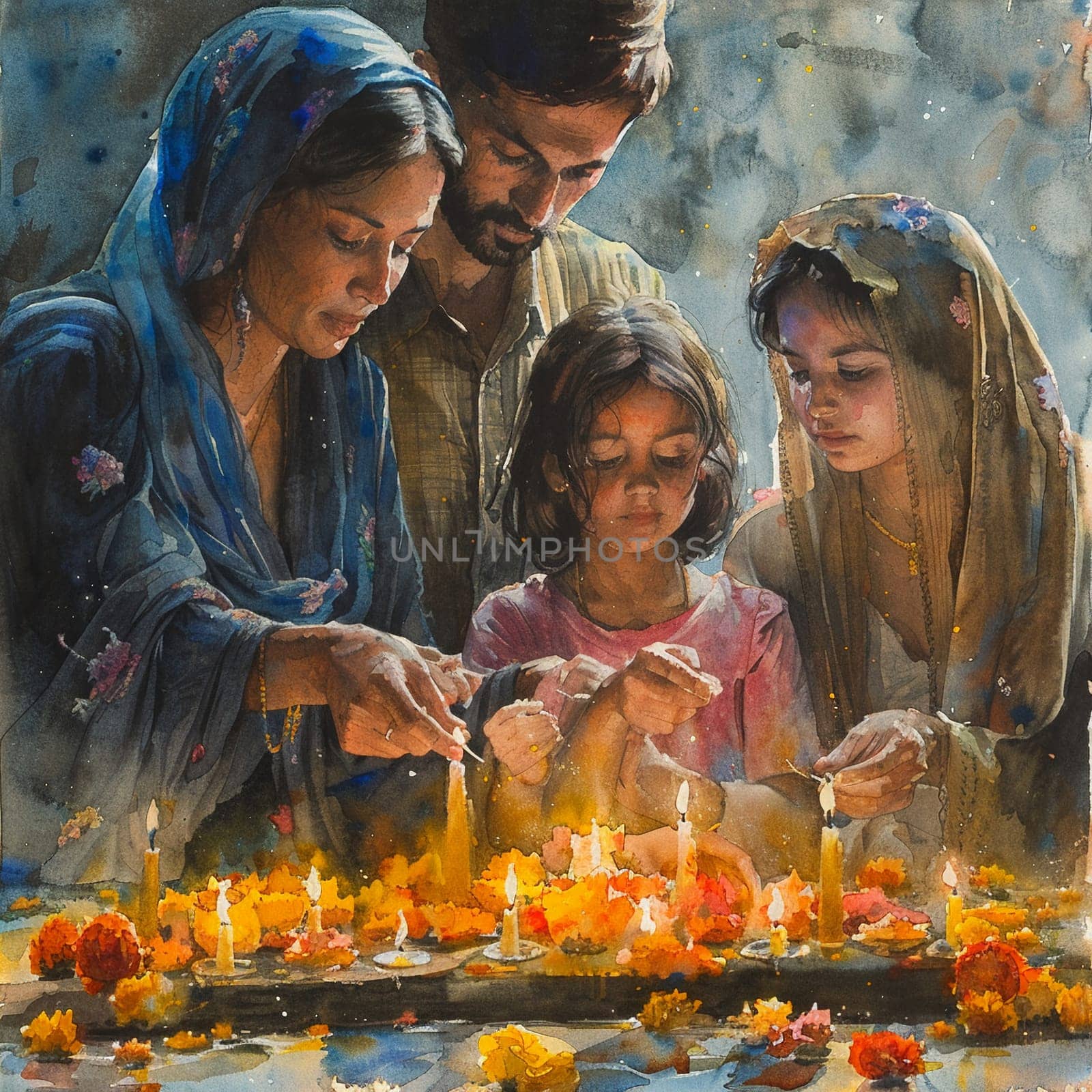 Elegant watercolor of families lighting candles in traditional Nowruz celebration.