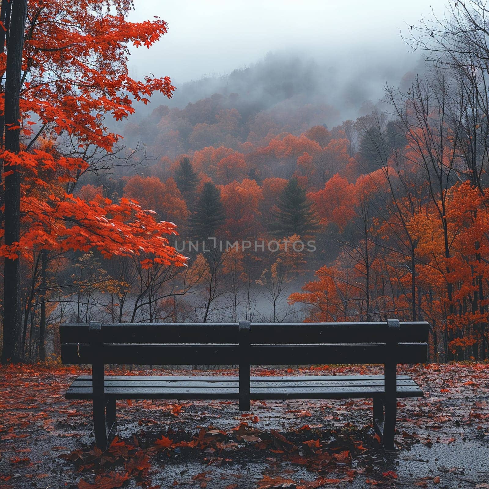 Empty bench overlooking misty vibrant forest during autumn by Benzoix