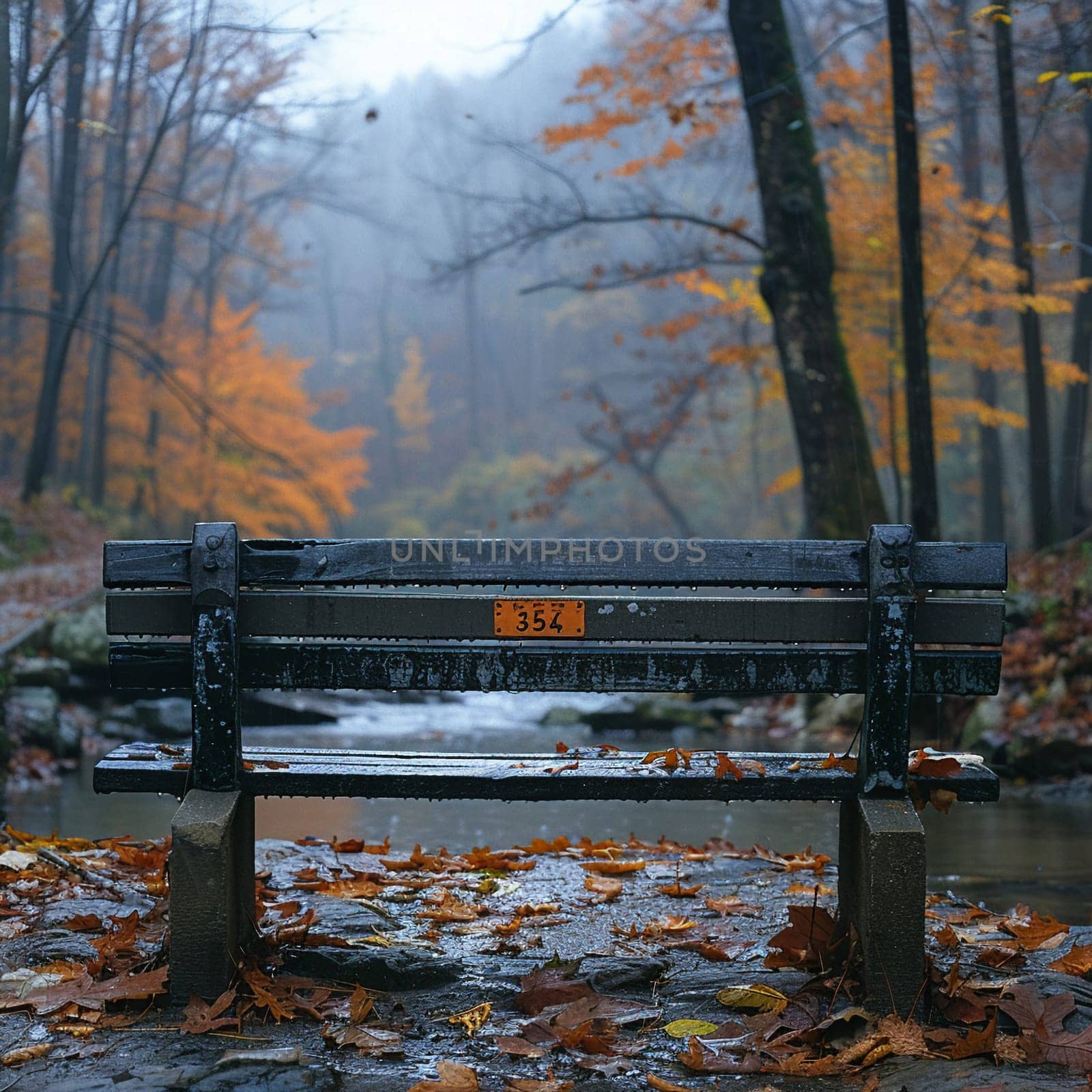 Empty bench overlooking misty vibrant forest during autumn by Benzoix