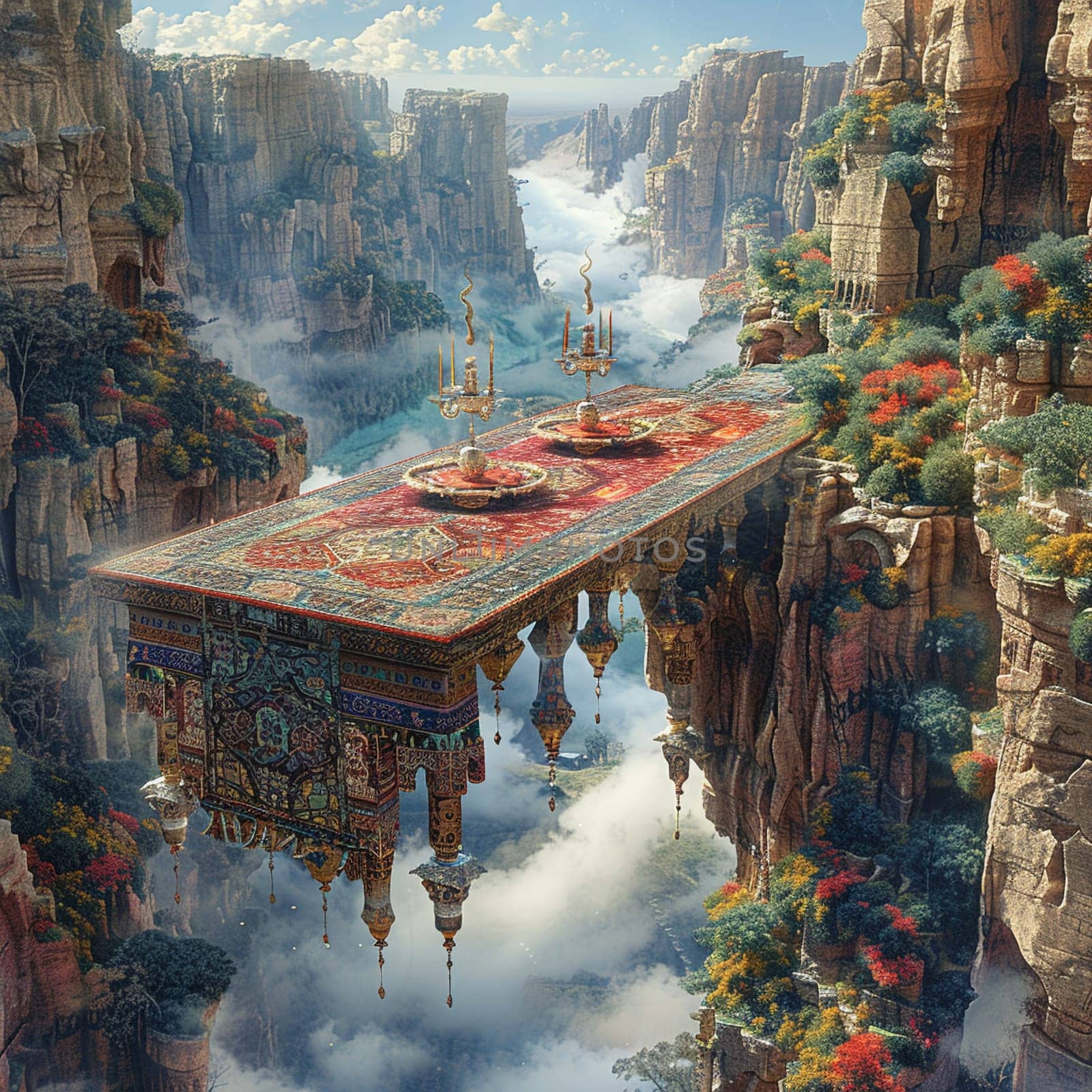 Fantasy scene of grand Nowruz banquet spread across Persian carpet flying over spring valley. by Benzoix