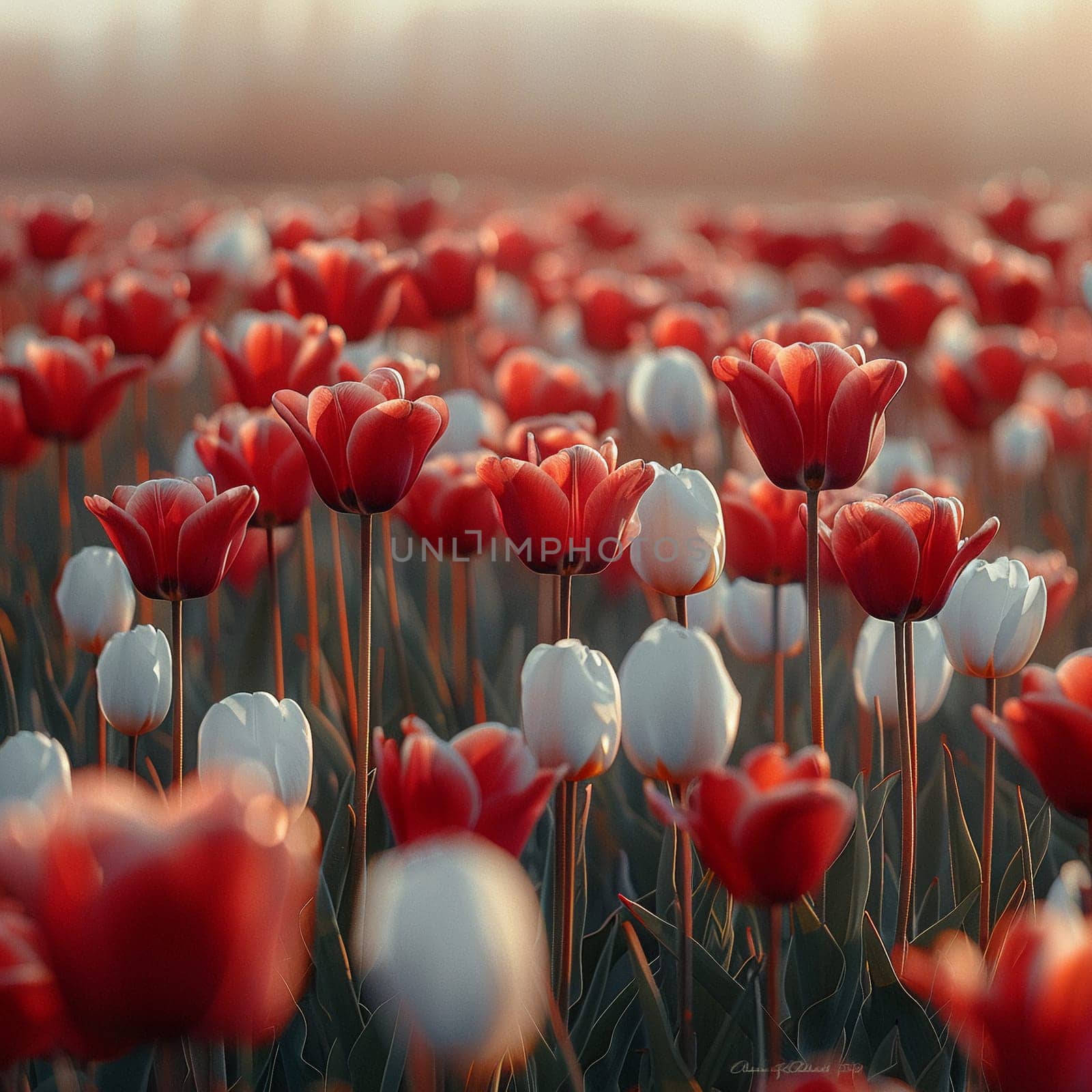 Field of blooming red and white tulips swaying in breeze for Martisor.