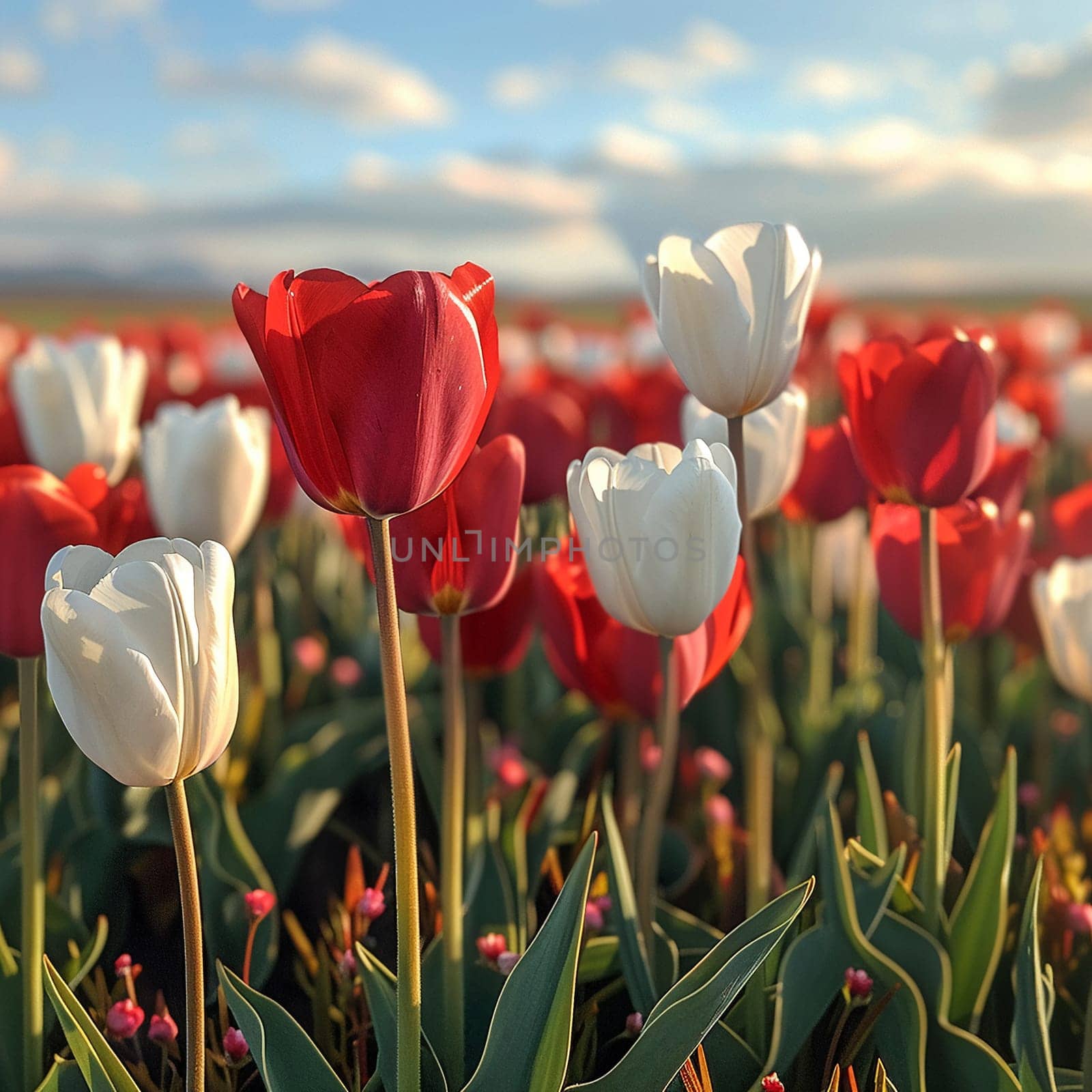 Field of blooming red and white tulips swaying in breeze for Martisor. by Benzoix