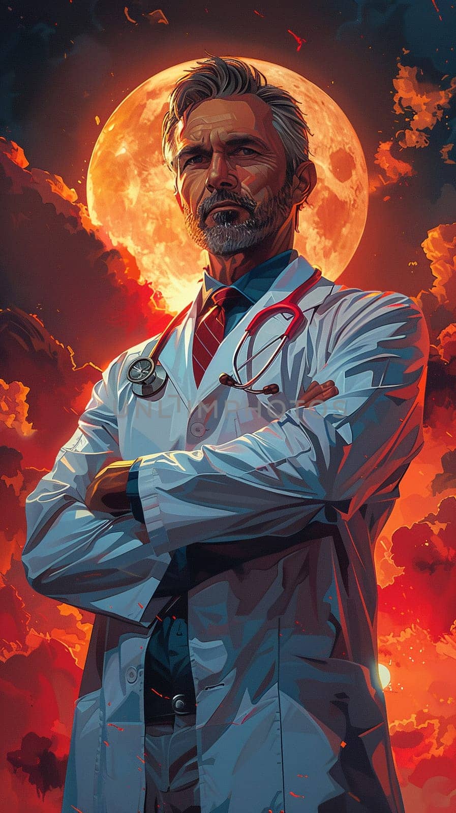 Graphic novel-style depiction of superhero doctor for National Doctors Day by Benzoix