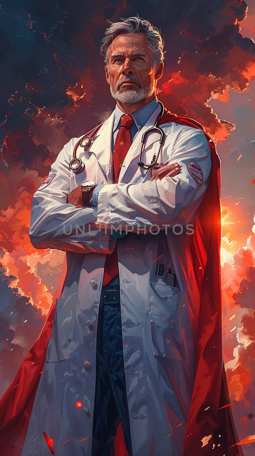 Graphic novel-style depiction of superhero doctor for National Doctors Day by Benzoix