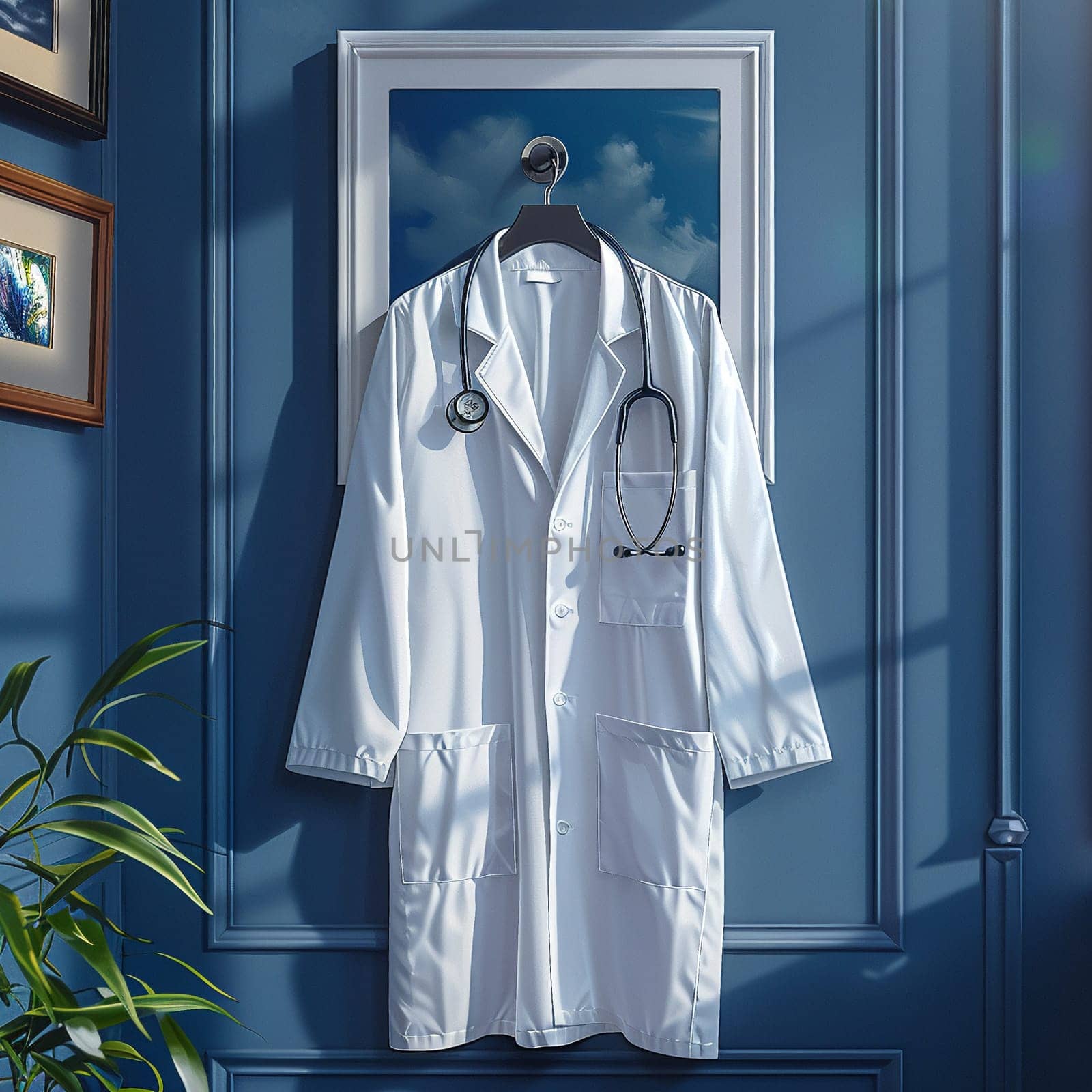 Illustration of stethoscope and white coat hanging on wall for National Doctors Day.