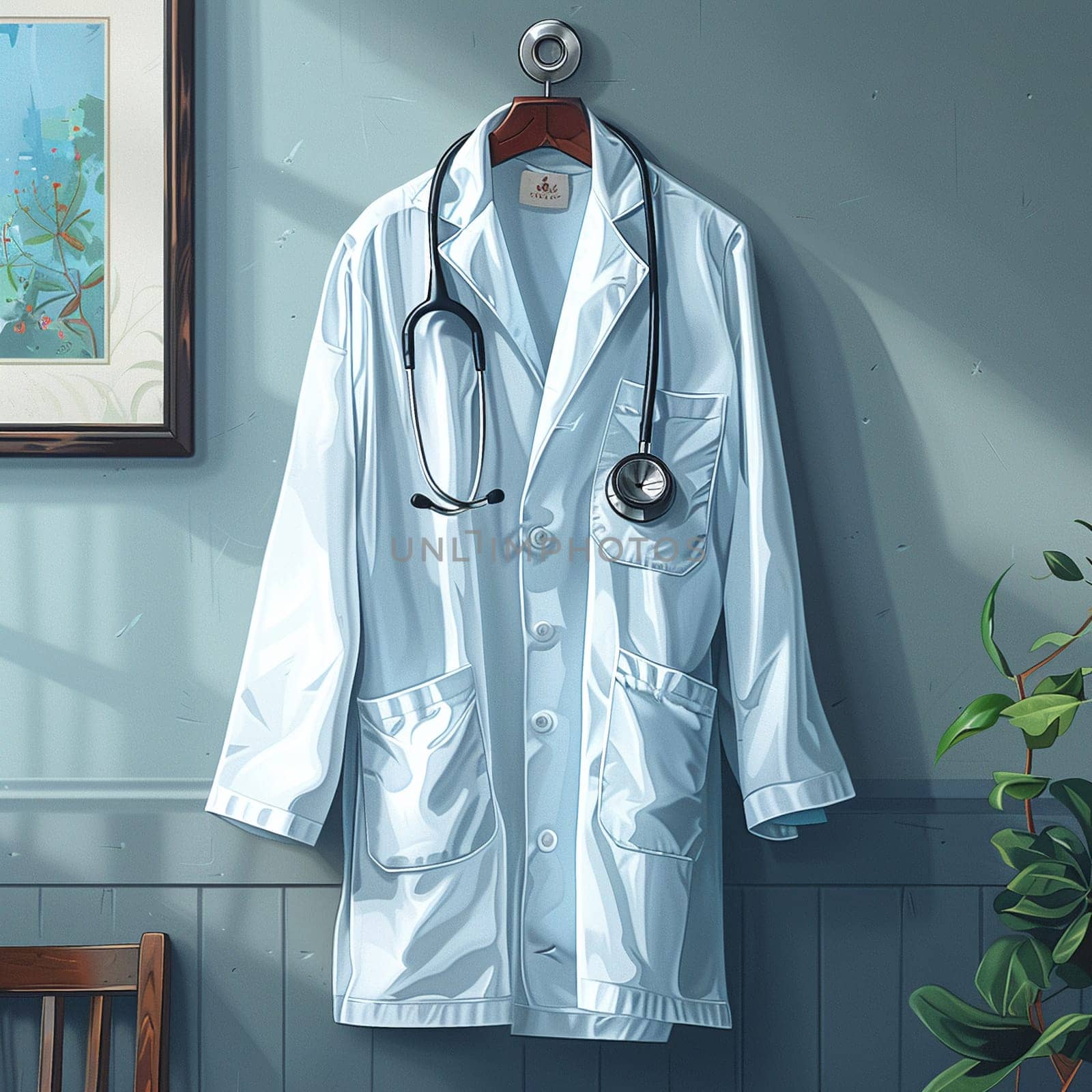 Illustration of stethoscope and white coat hanging on wall for National Doctors Day.