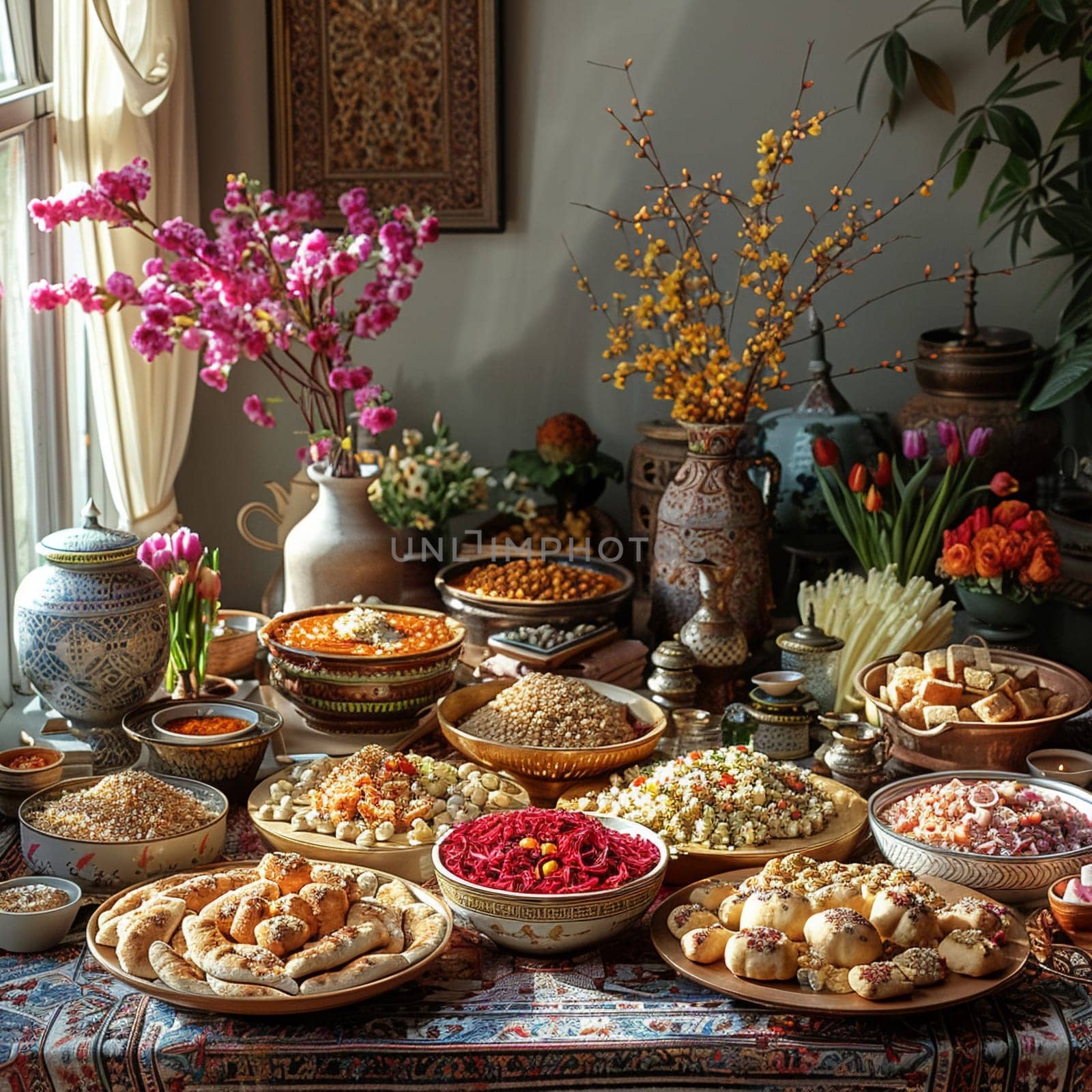 Meticulously arranged Nowruz haft-seen table, complete with all seven items.