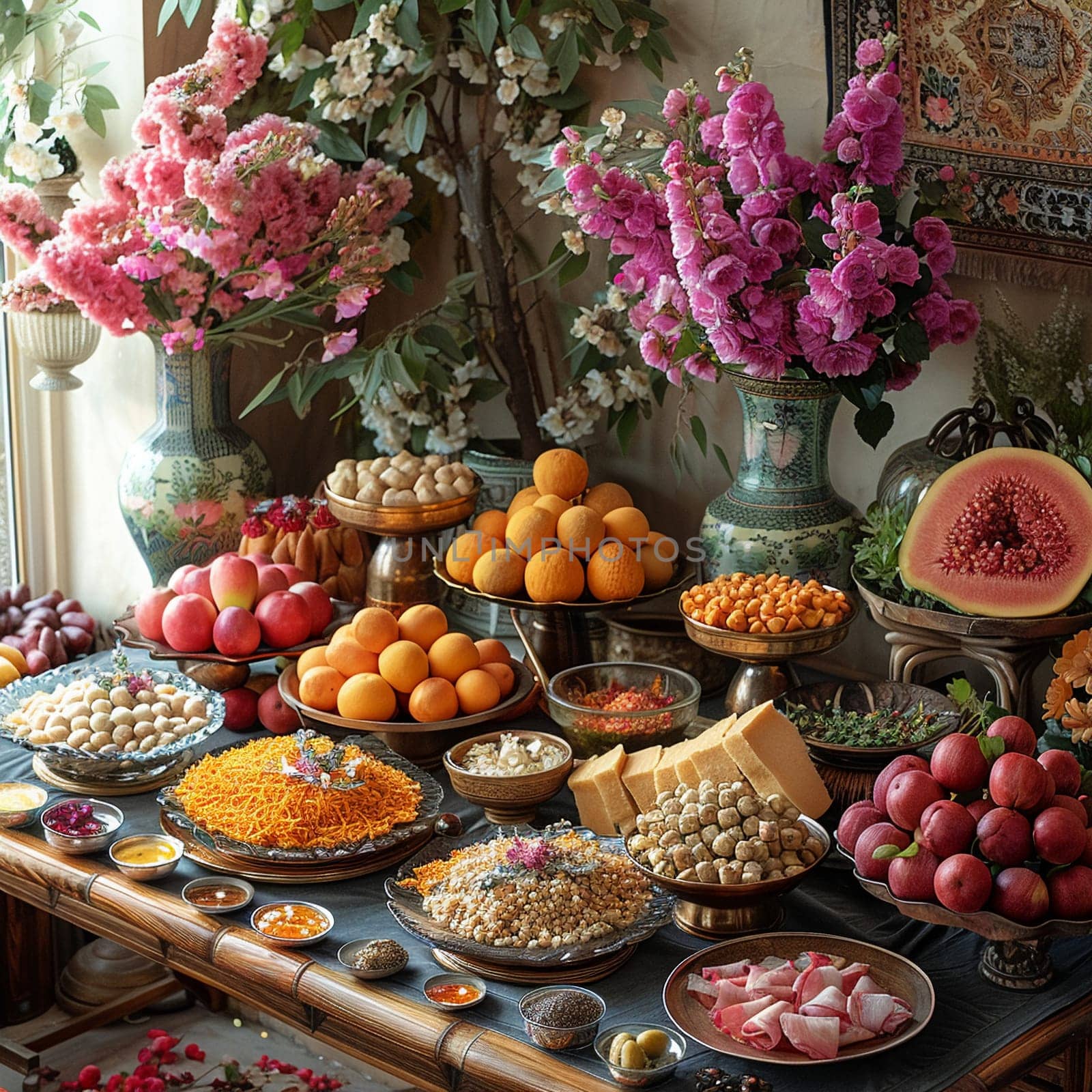 Meticulously arranged Nowruz haft-seen table, complete with all seven items.