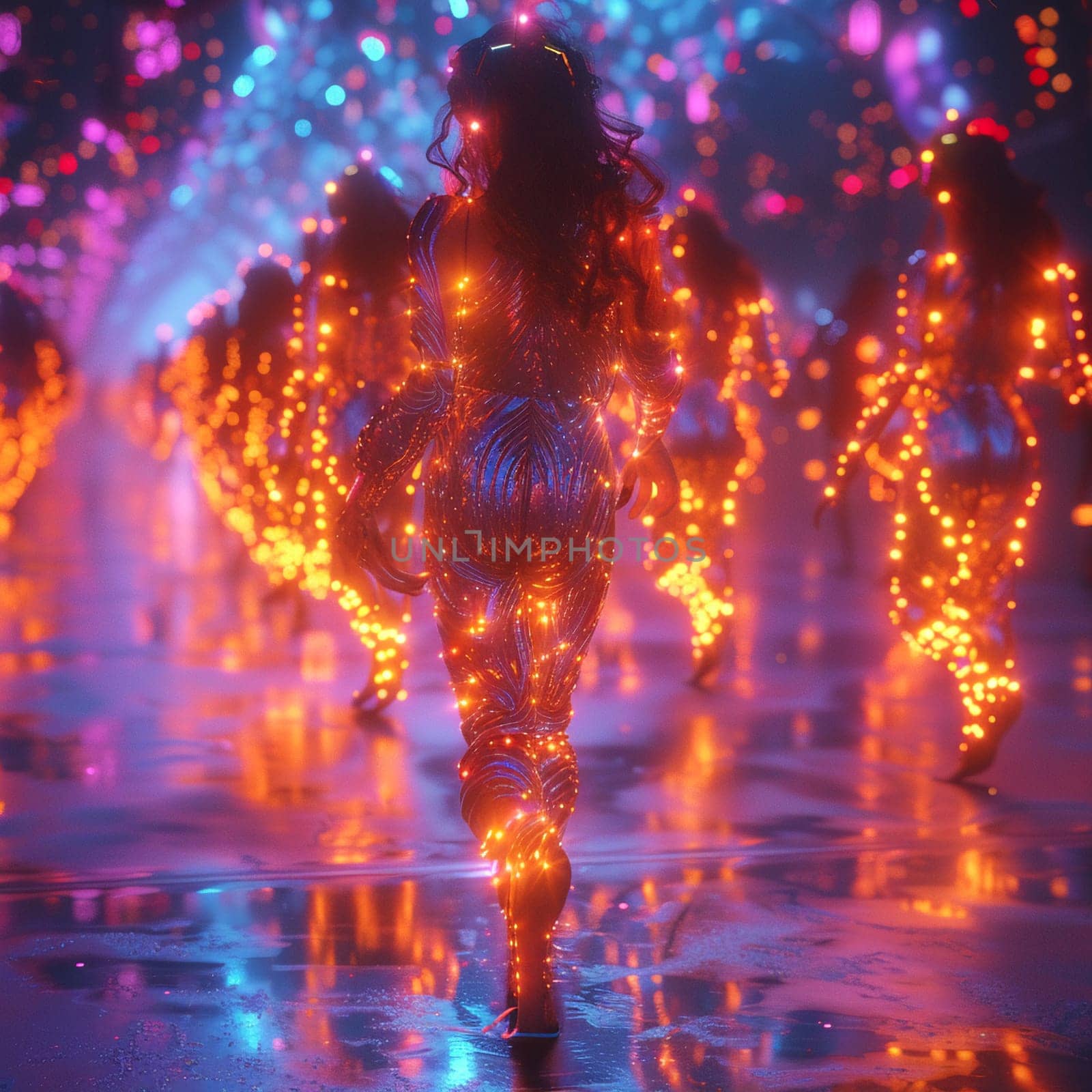 Neon-lit digital artwork of futuristic dance party celebrating Martisor. by Benzoix