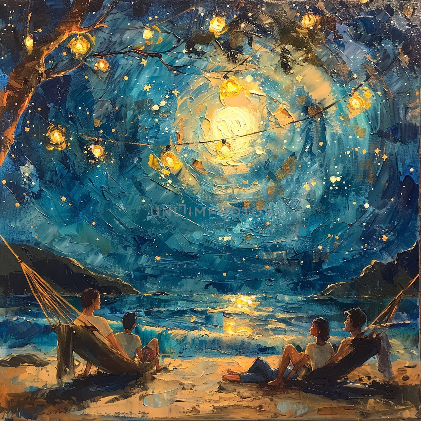 Oil painting capturing tranquility of World Sleep Day with people resting in hammocks under starry sky.