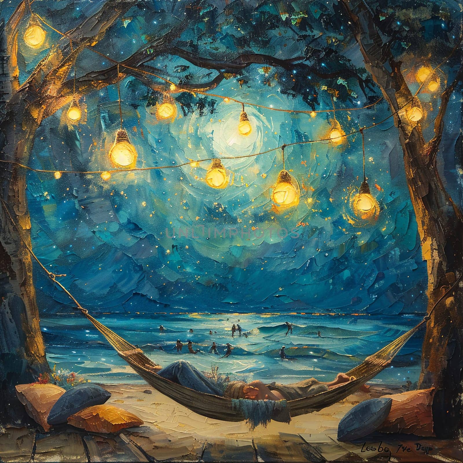 Oil painting capturing tranquility of World Sleep Day with people resting in hammocks under starry sky. by Benzoix