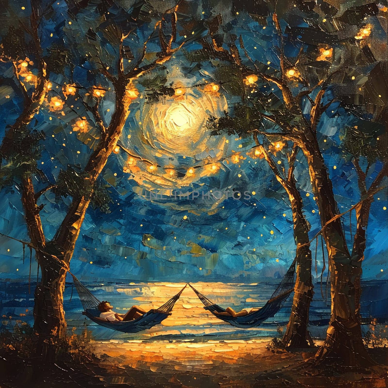 Oil painting capturing tranquility of World Sleep Day with people resting in hammocks under starry sky. by Benzoix