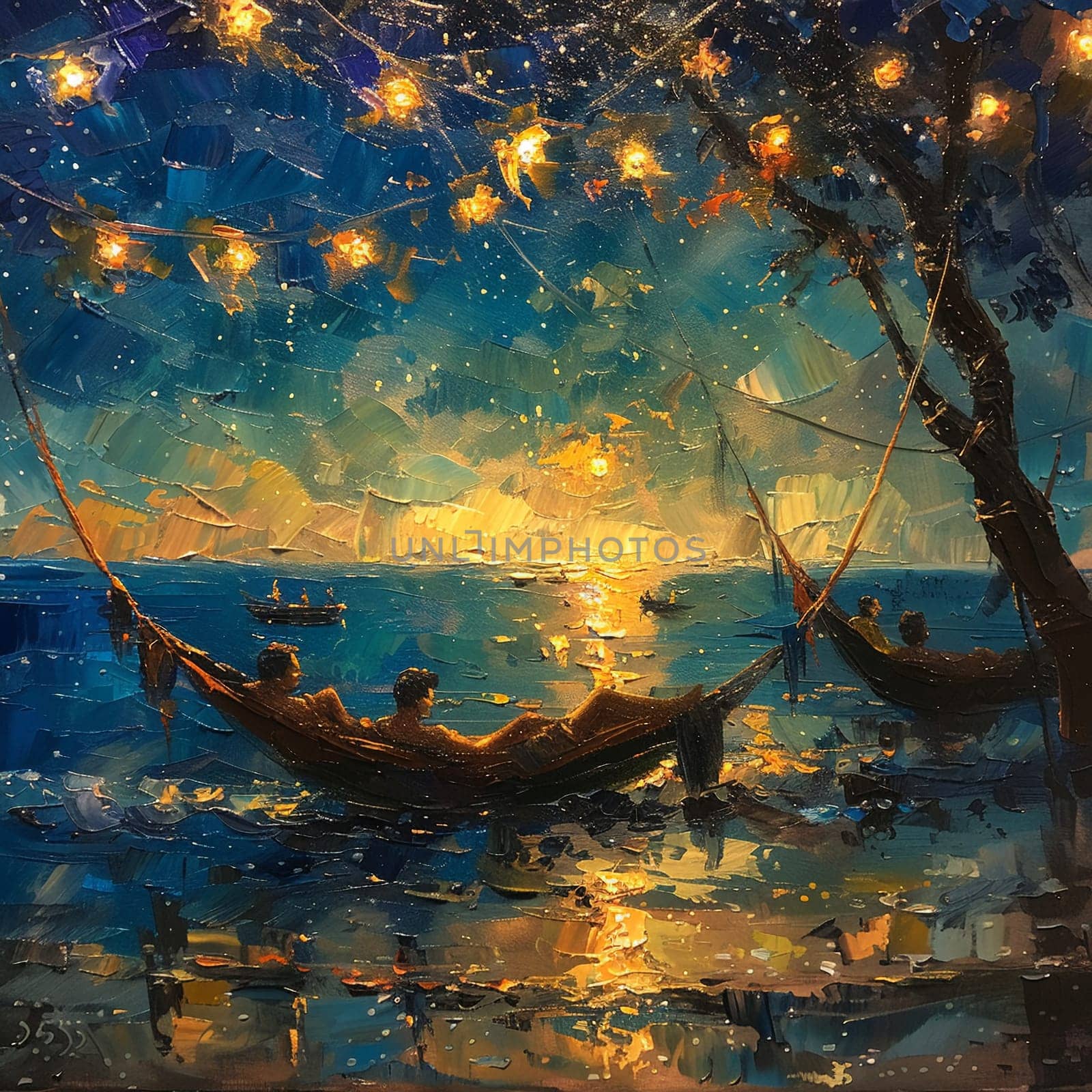 Oil painting capturing tranquility of World Sleep Day with people resting in hammocks under starry sky.