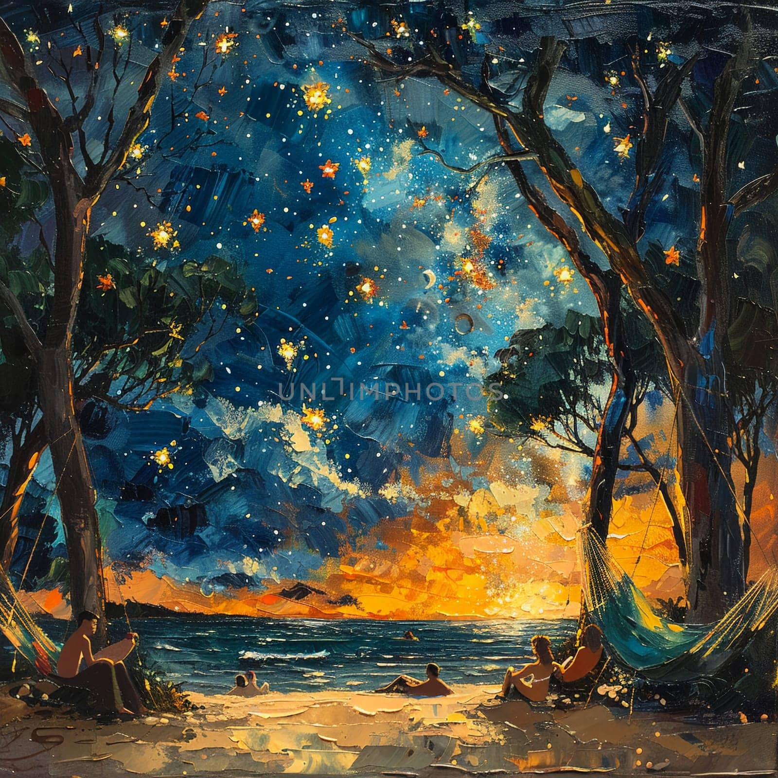 Oil painting capturing tranquility of World Sleep Day with people resting in hammocks under starry sky. by Benzoix