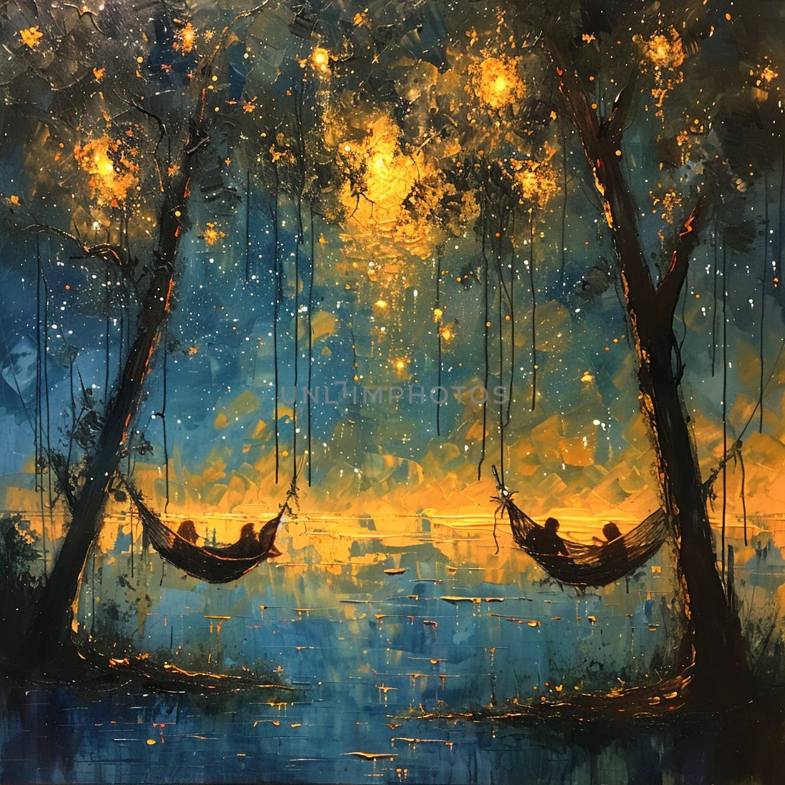 Oil painting capturing tranquility of World Sleep Day with people resting in hammocks under starry sky.