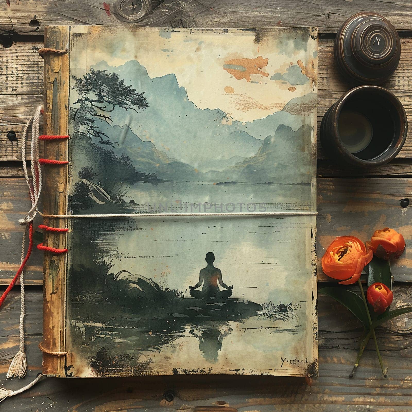 Open empty diary with red and white string bookmark.Serene painting of woman practicing yoga by lake at dawn by Benzoix