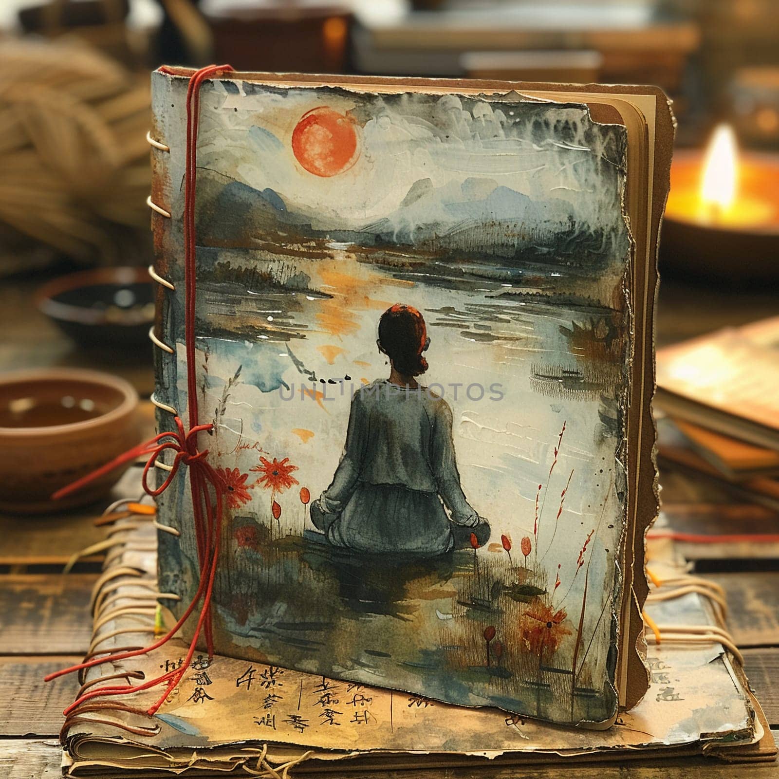 Open empty diary with red and white string bookmark.Serene painting of woman practicing yoga by lake at dawn by Benzoix