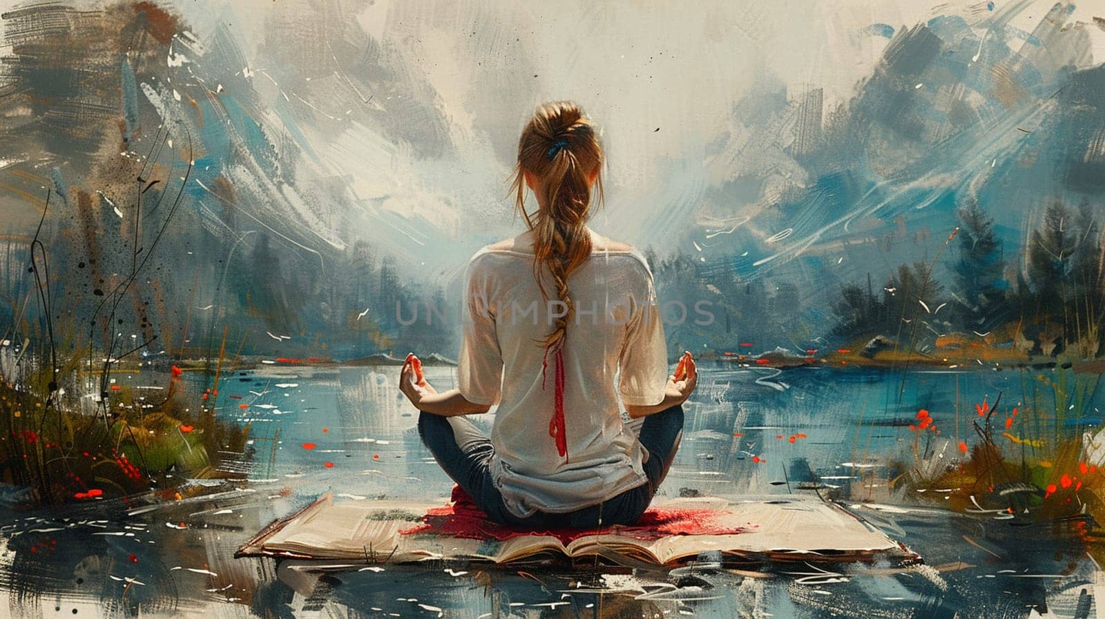 Open empty diary with red and white string bookmark.Serene painting of woman practicing yoga by lake at dawn by Benzoix