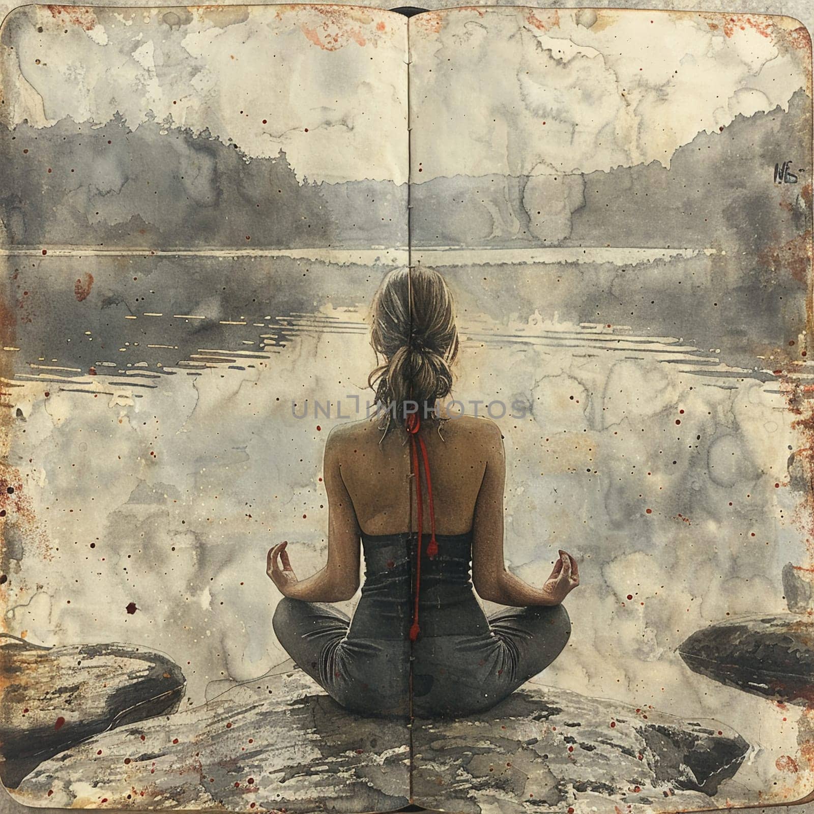 Open empty diary with red and white string bookmark.Serene painting of woman practicing yoga by lake at dawn, celebrating Women's Day.