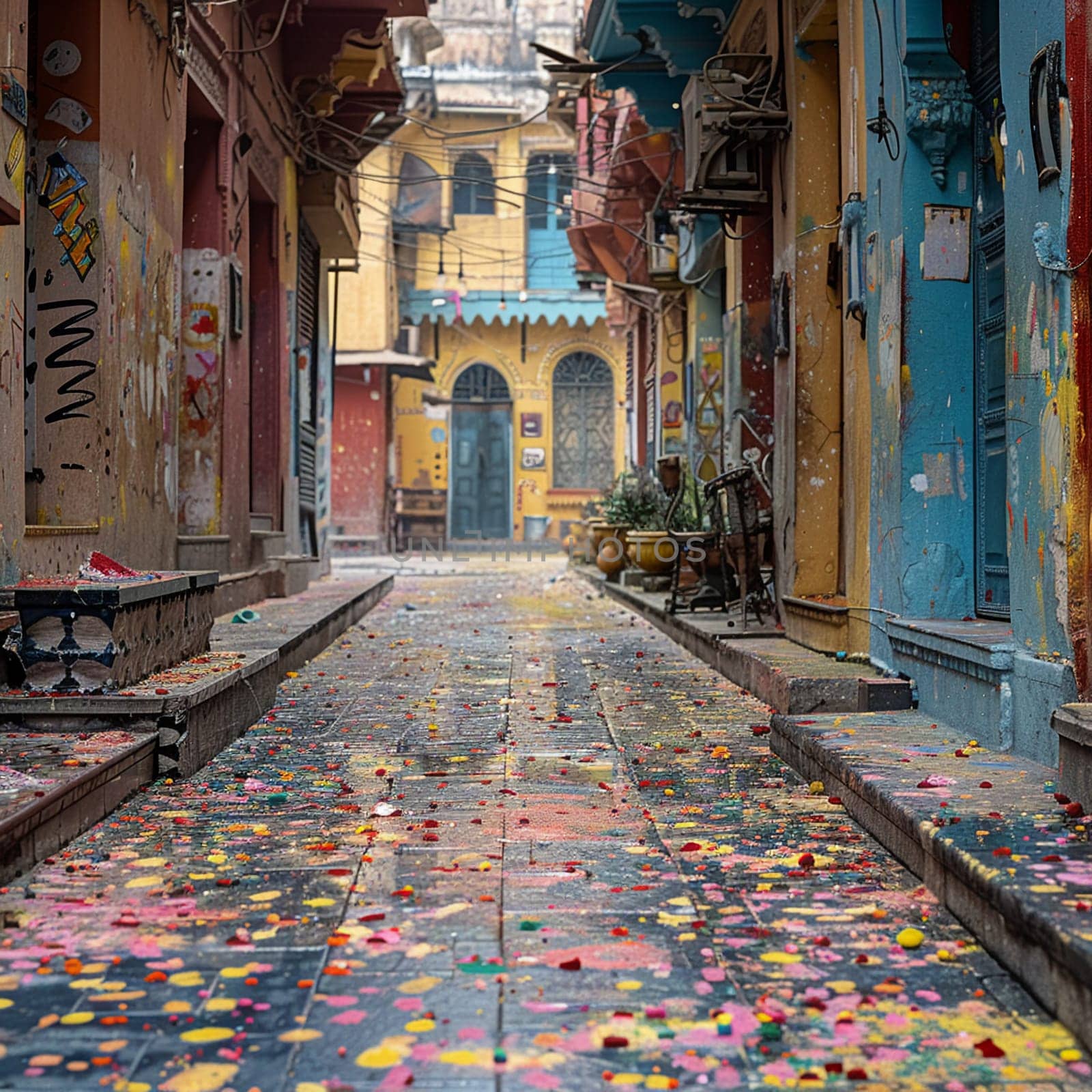 Ornate empty street with colorful powders scattered around by Benzoix