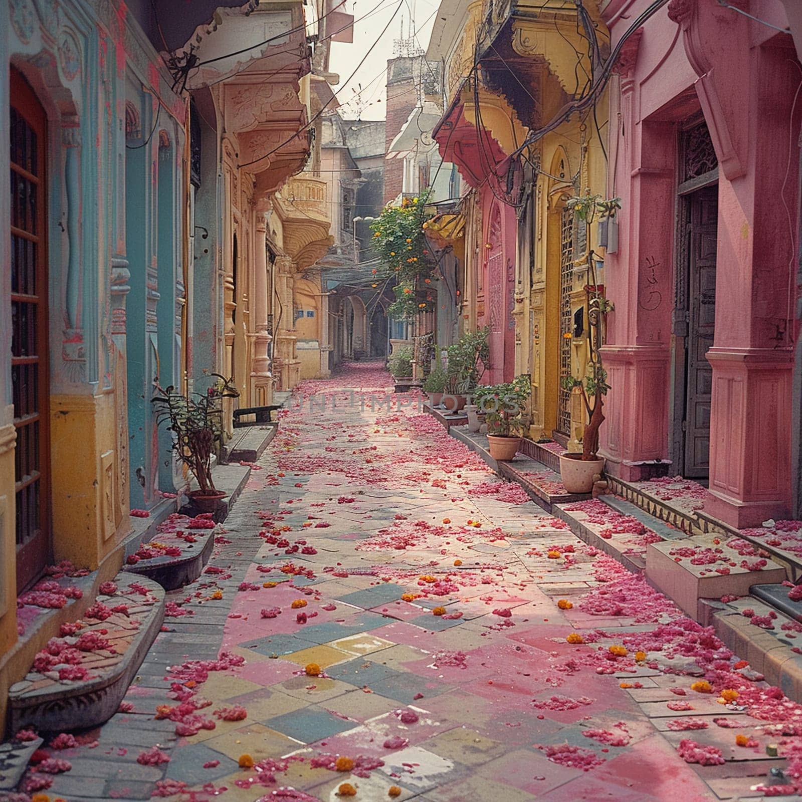 Ornate empty street with colorful powders scattered around, post-Holi festivities.